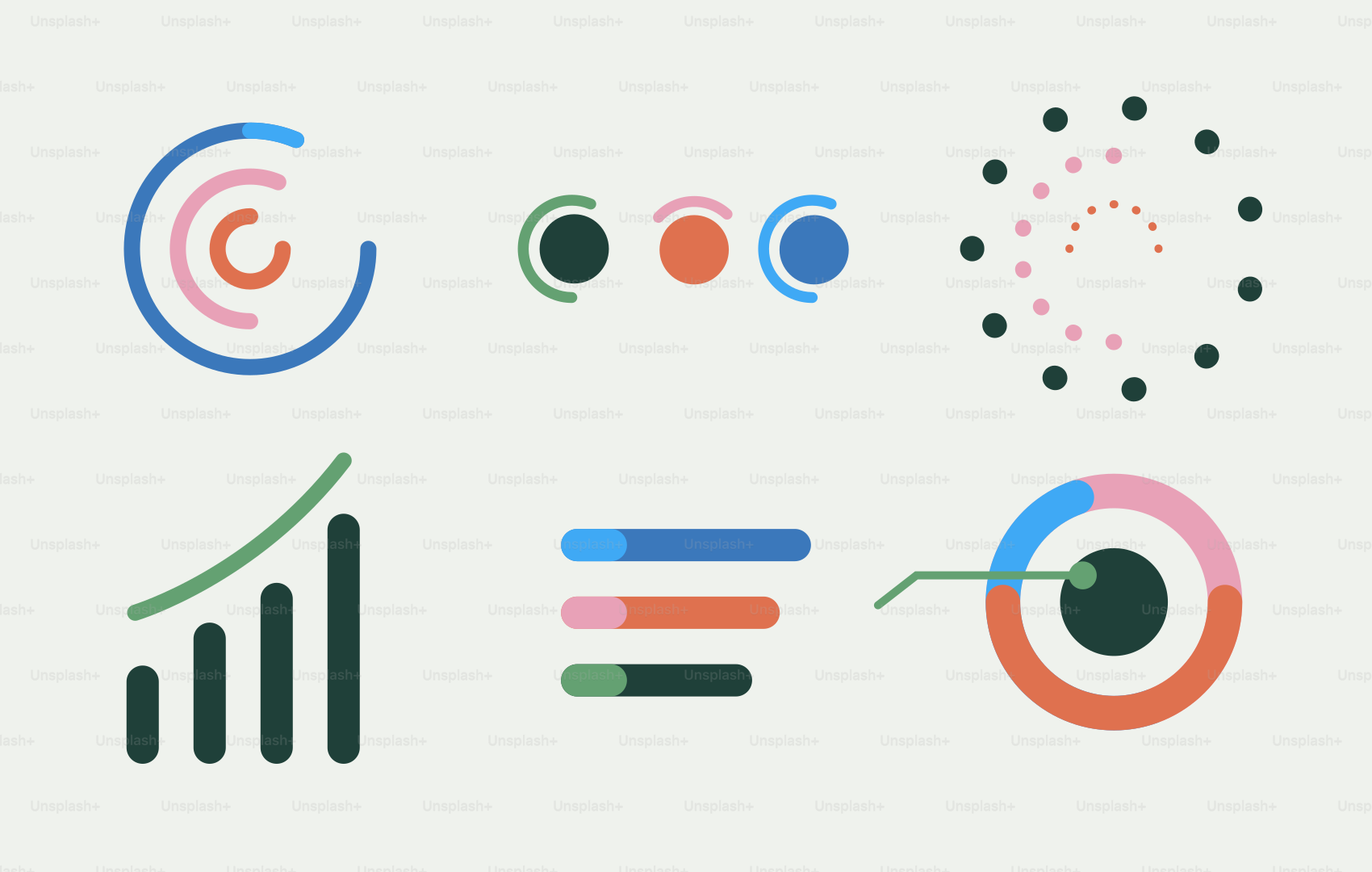 Verschiedene bunte Datenvisualisierungen und Diagramme auf hellem Hintergrund.