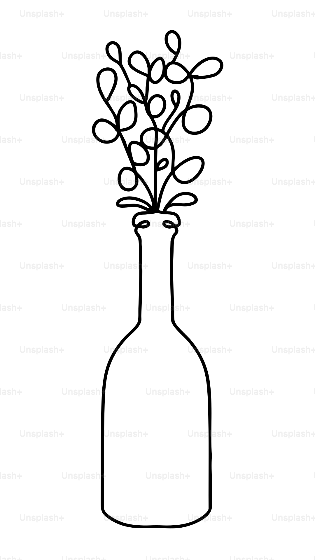 A minimalist line drawing of a bottle with abstract plants.