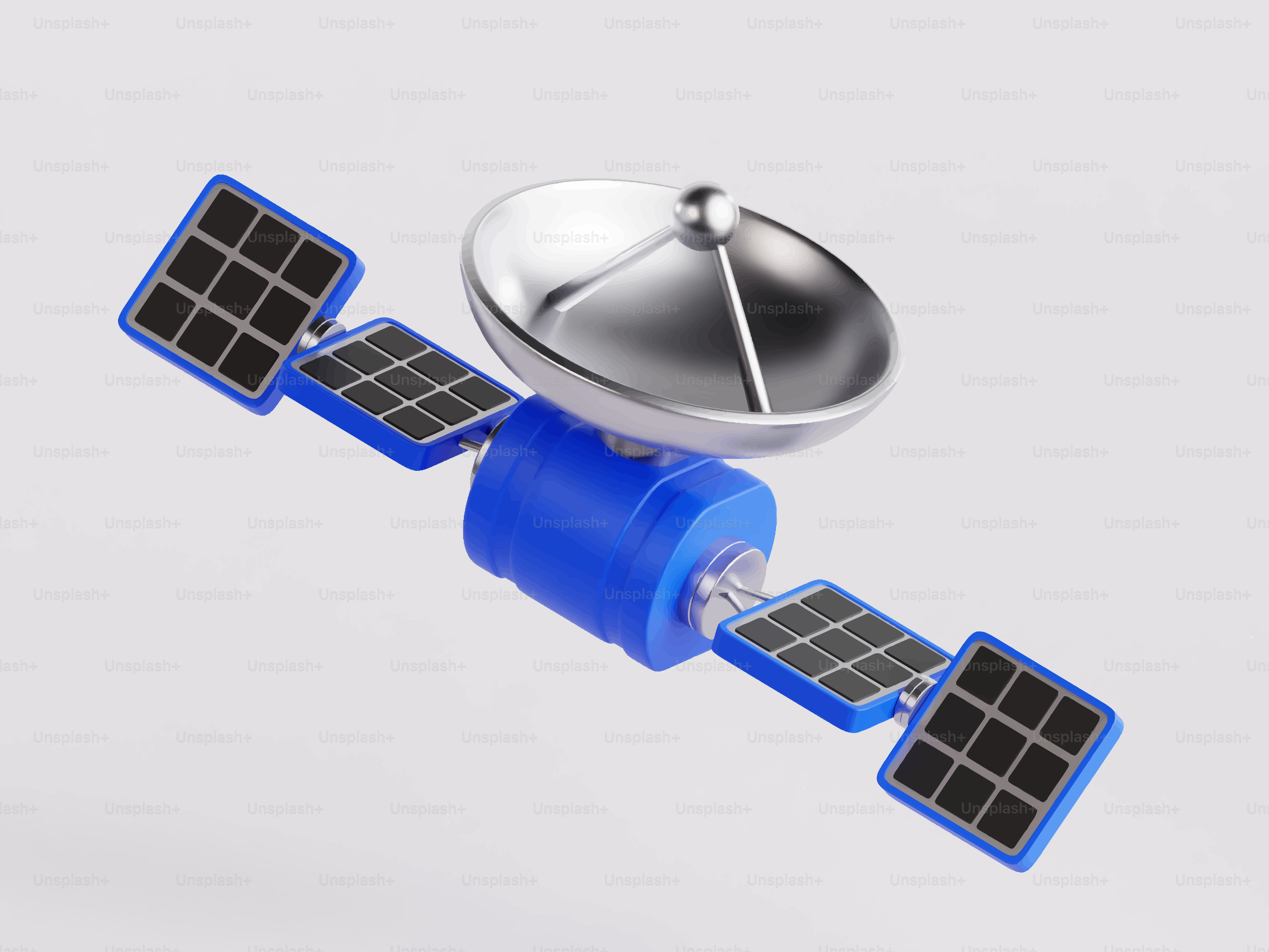 Un satellite blu con pannelli solari e parabola.