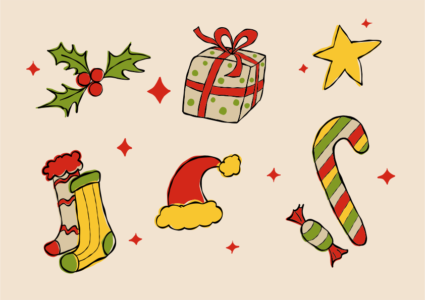 Christmas icons: holly, gift, star, socks, hat, candy cane