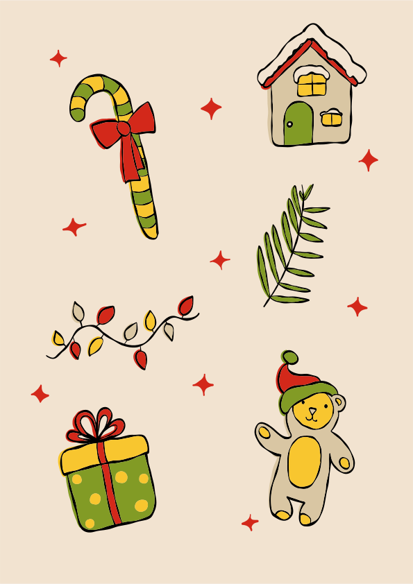 Christmas themed doodles with candy cane, house, and gift.