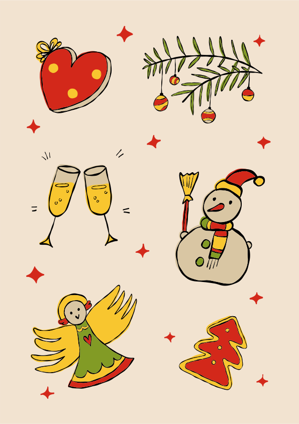 Christmas icons: heart, tree, snowman, angel, champagne