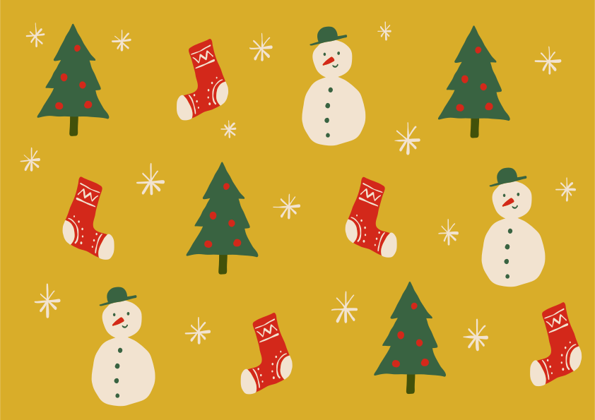 Christmas trees, snowmen, and stockings on yellow background.