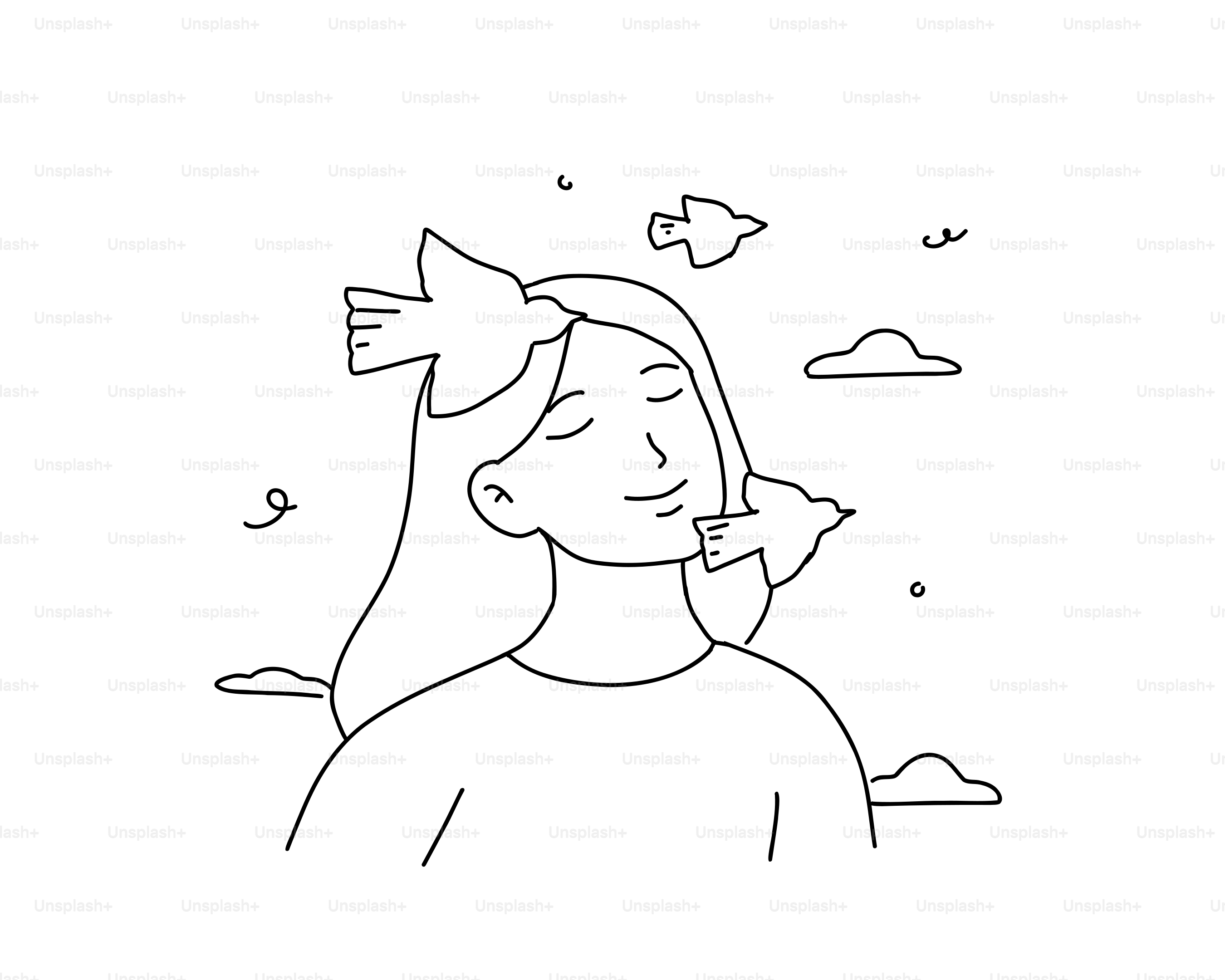目を閉じた女性、鳥たちが彼女の周りを飛び回る