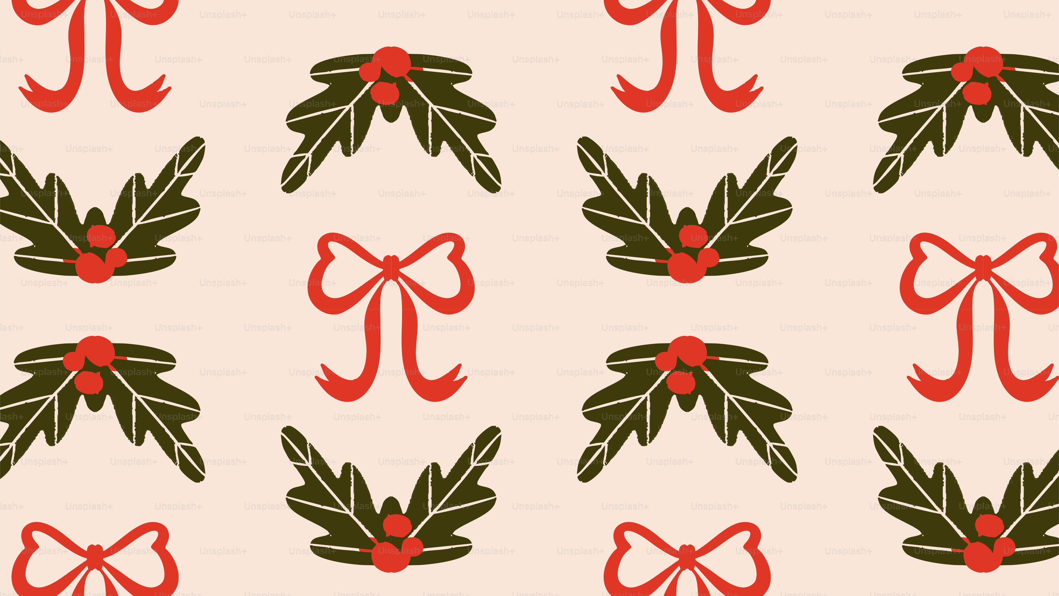 Christmas holly leaves and red bows pattern