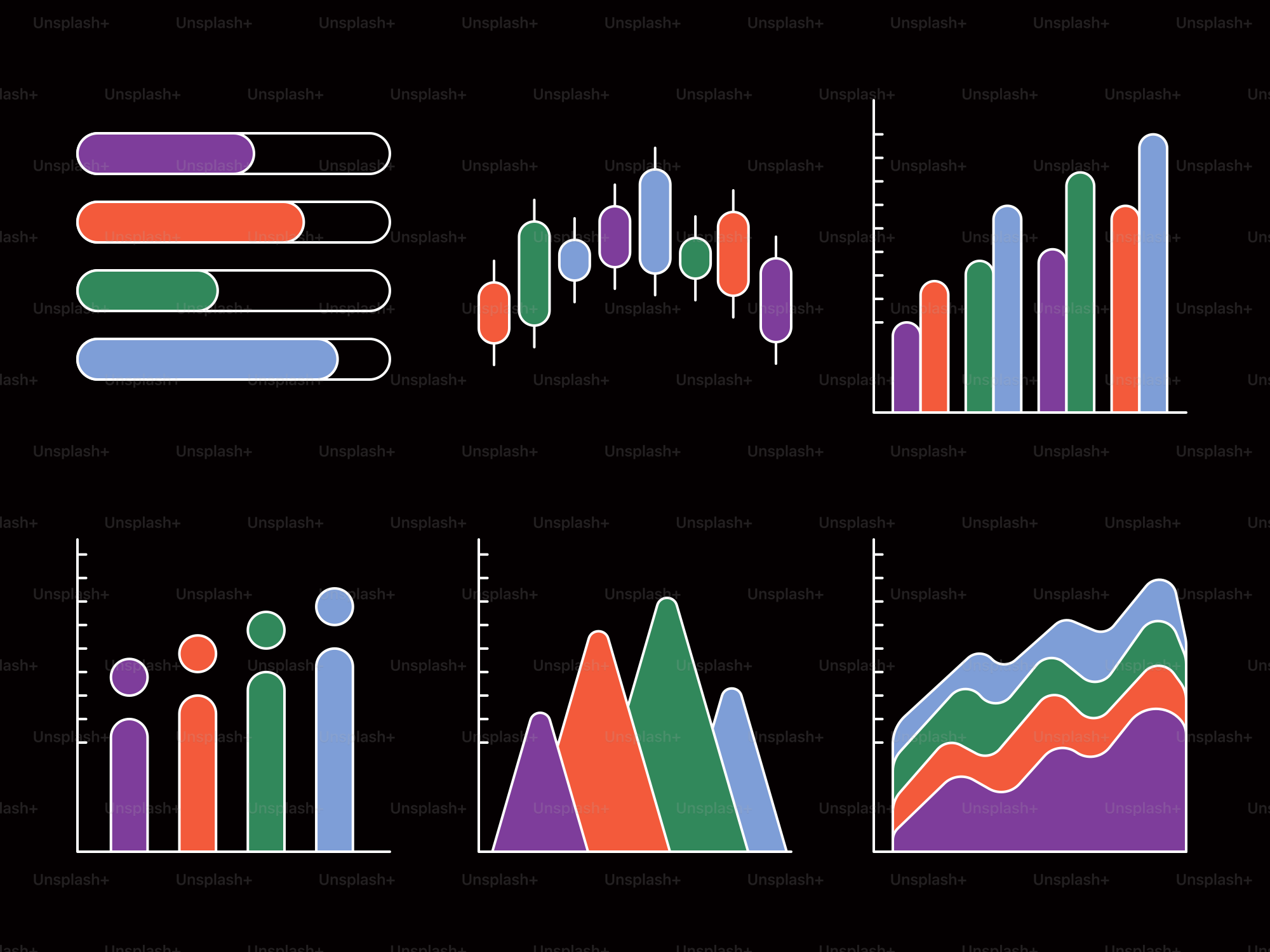 Kumpulan grafik keuangan dan data yang penuh warna