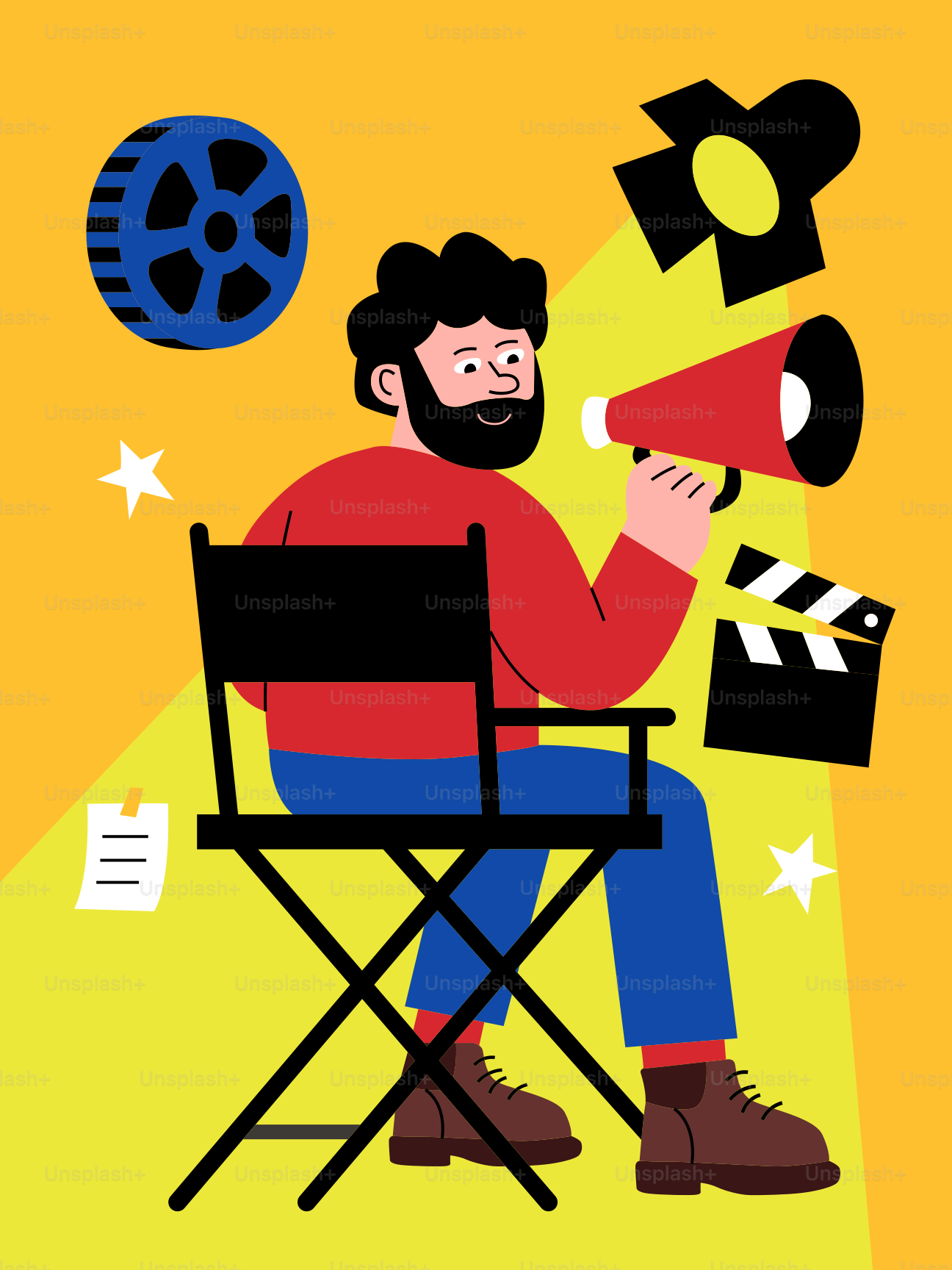 Filmmaker with megaphone and film equipment