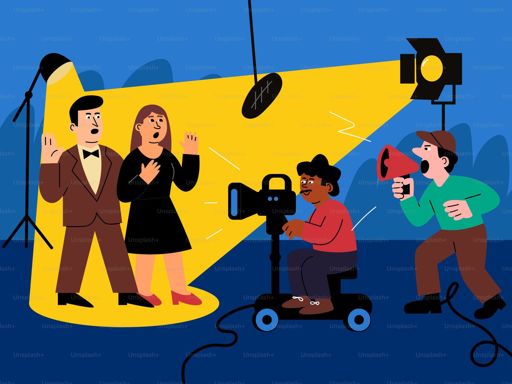 Filming a scene with actors, director, and camera.