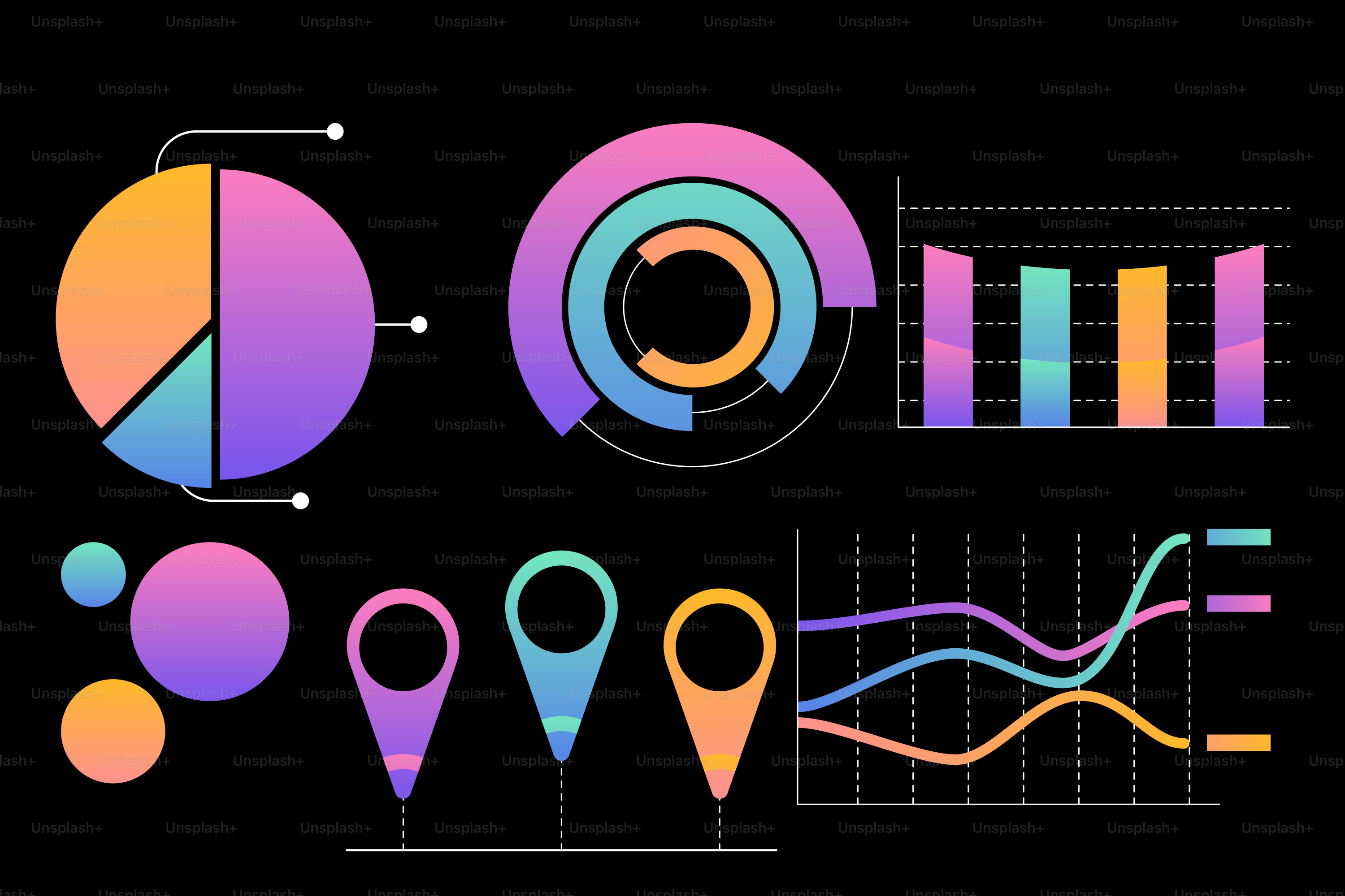 Colección de gráficos de visualización de datos coloridos sobre fondo negro.