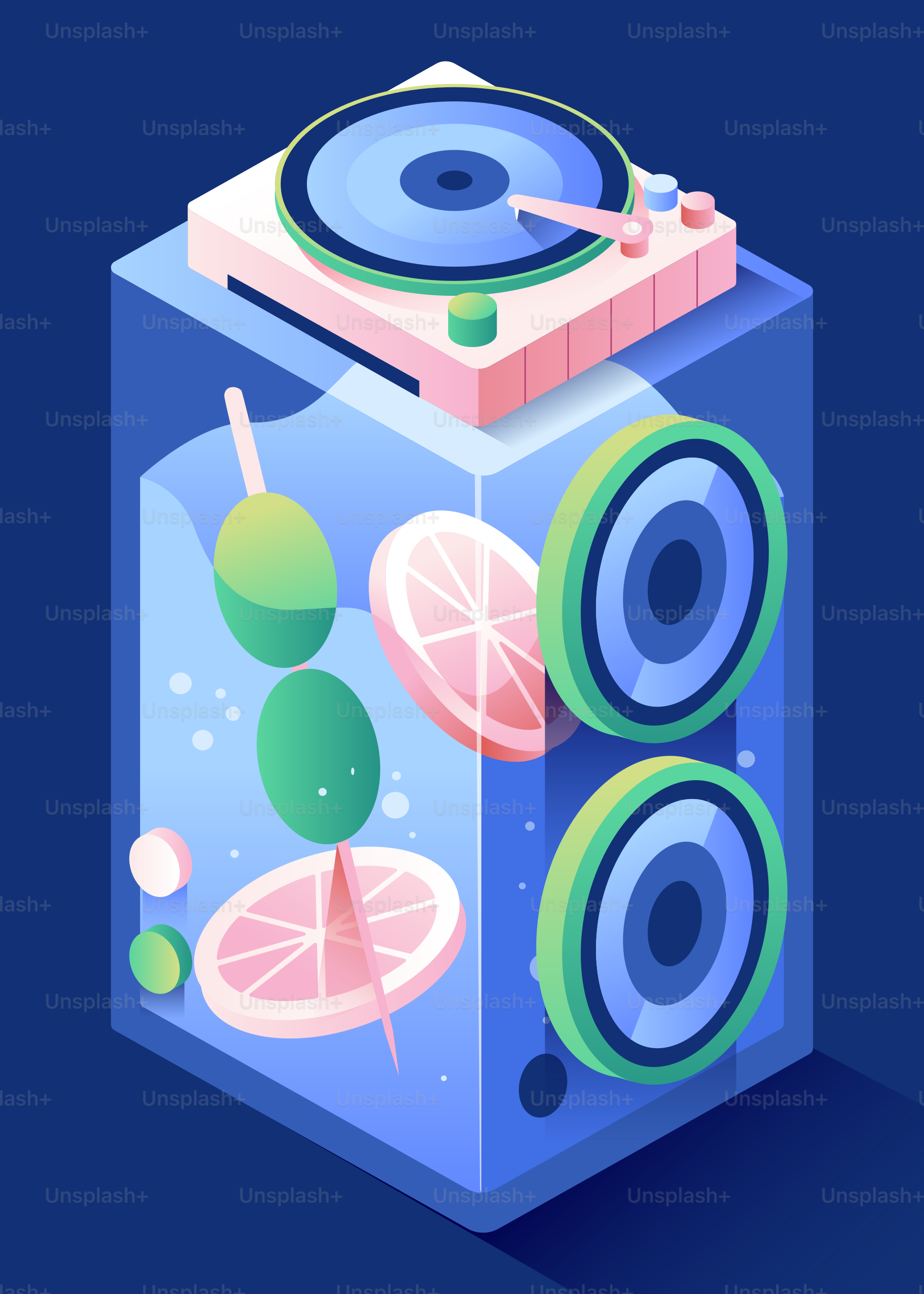 Turntable and speakers with fruit inside