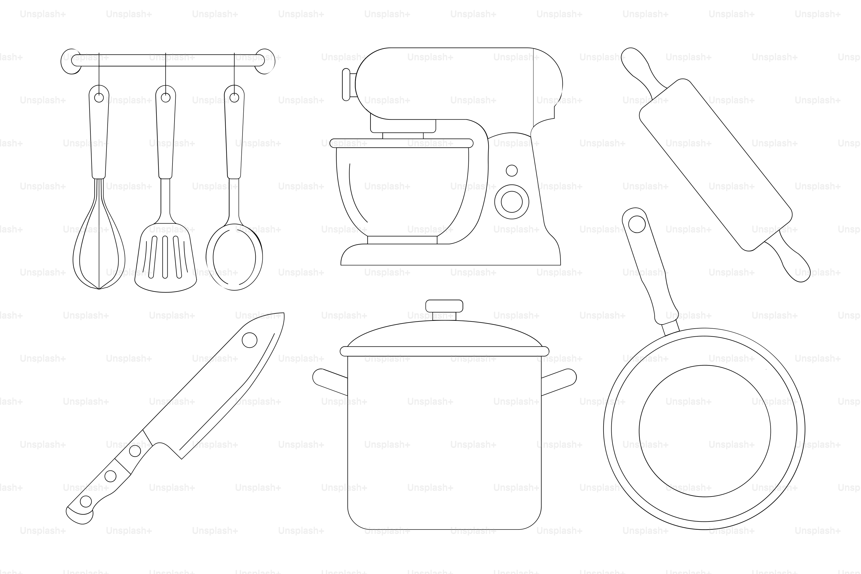 Kitchen utensils and appliances on white background