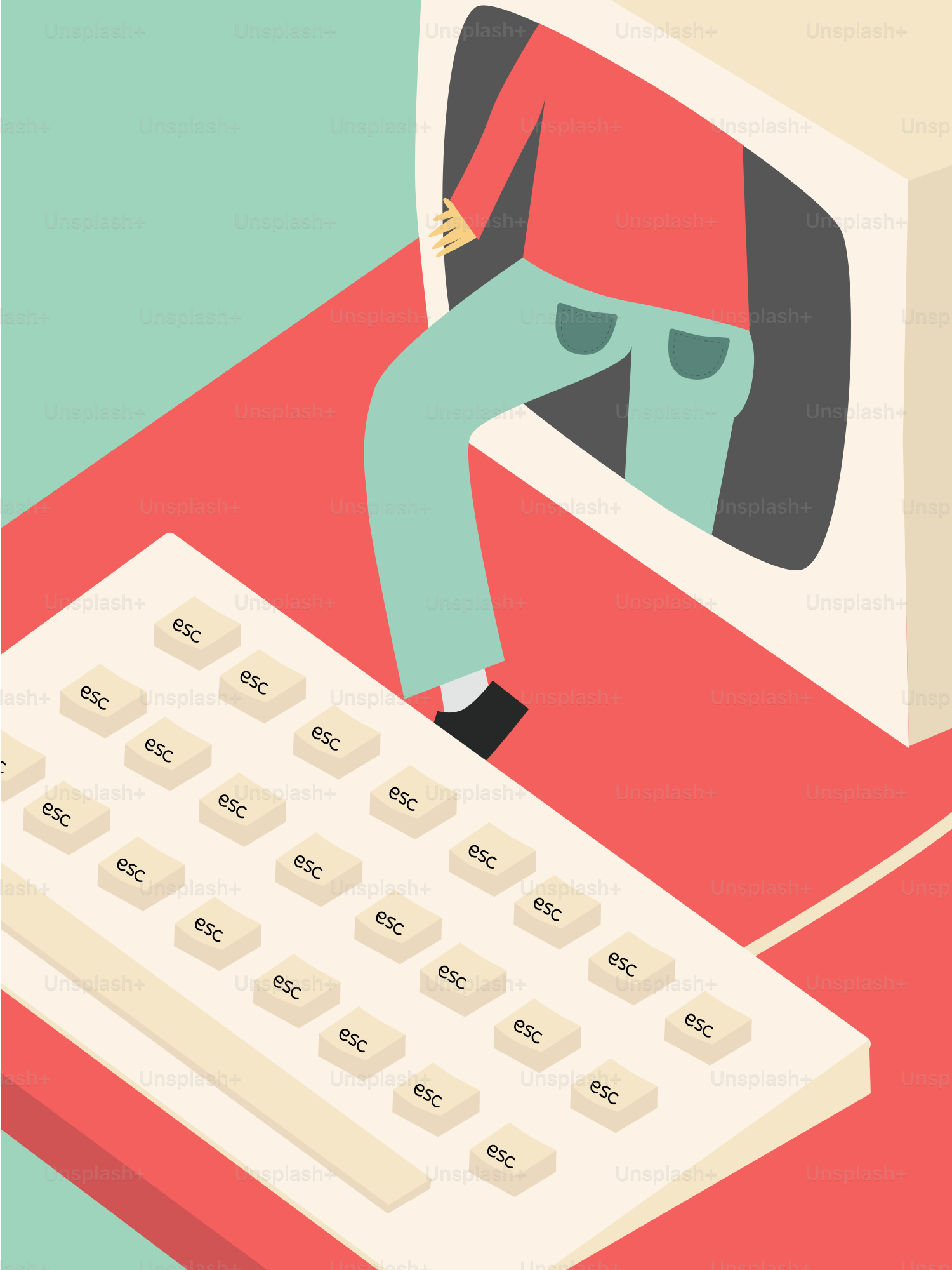 コンピューター画面から這い出す人