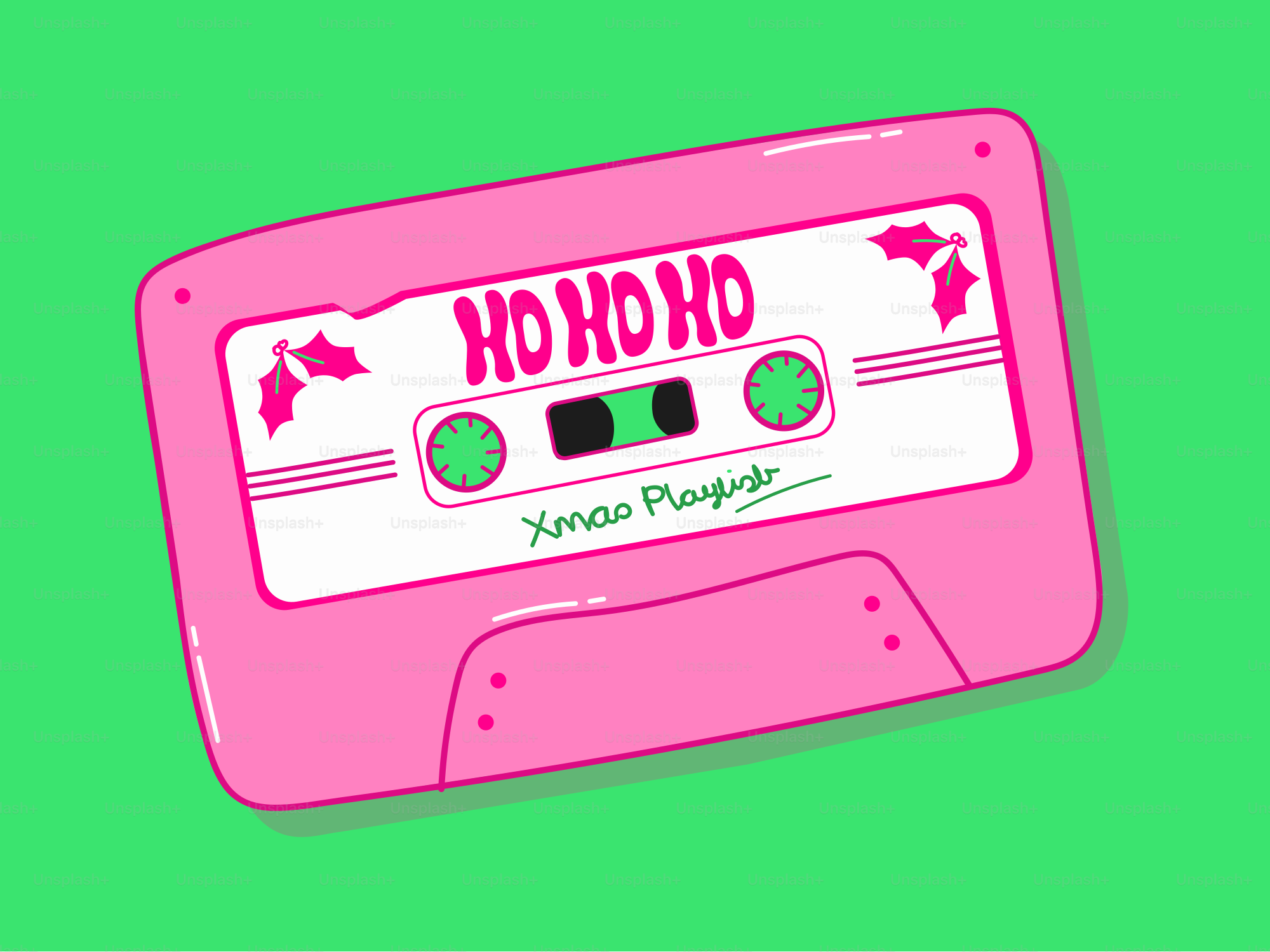 Cassette rose avec « ho ho ho » et « playlist de Noël »