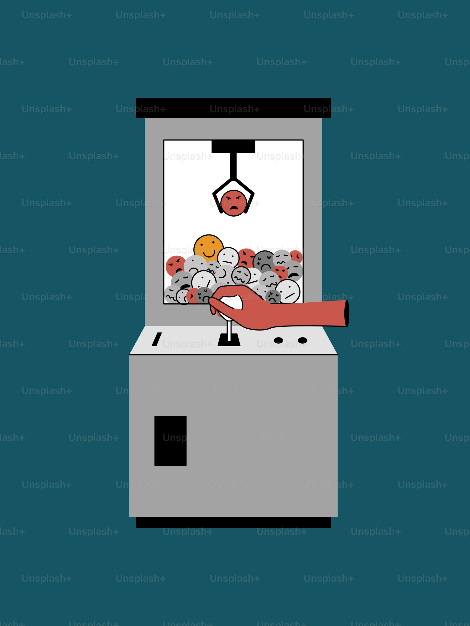 Hand operating a claw machine filled with smiley faces.