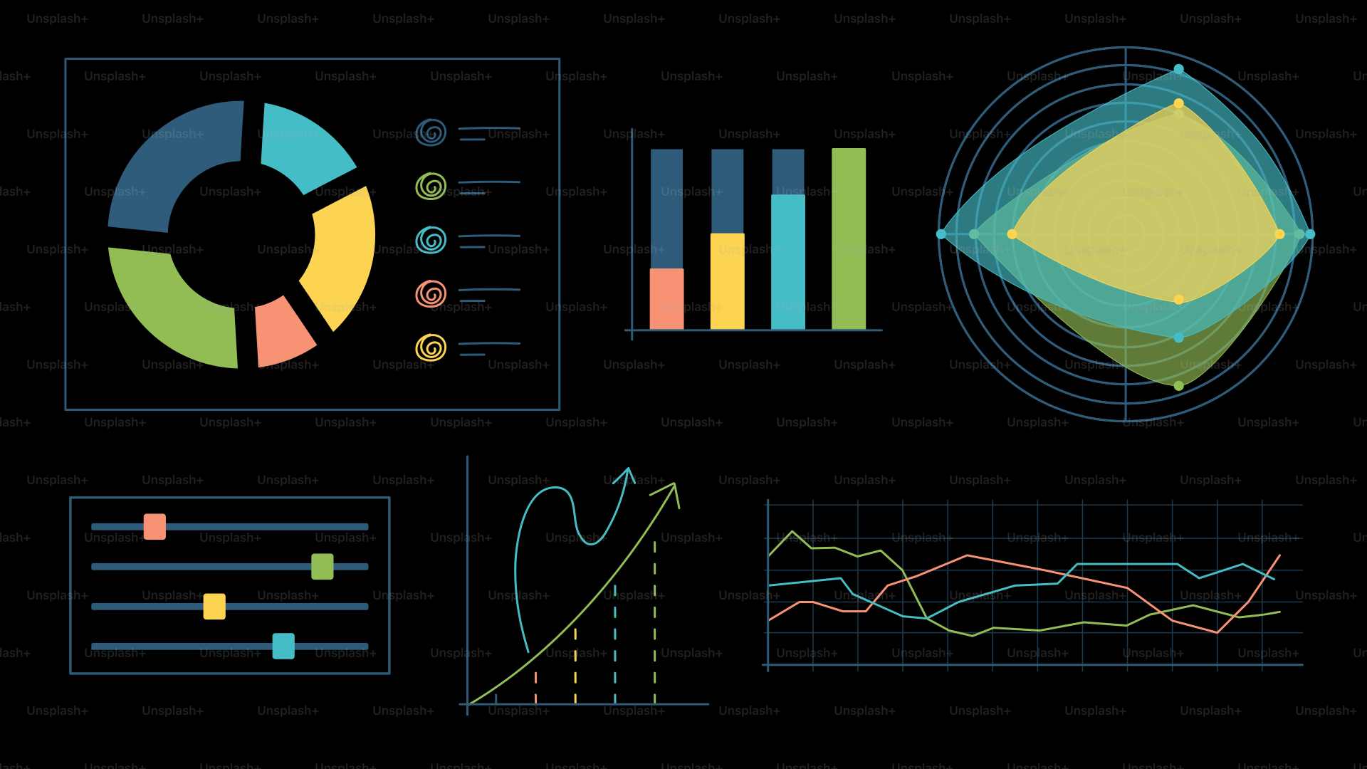 Coleção de diversos gráficos e gráficos de dados em fundo preto