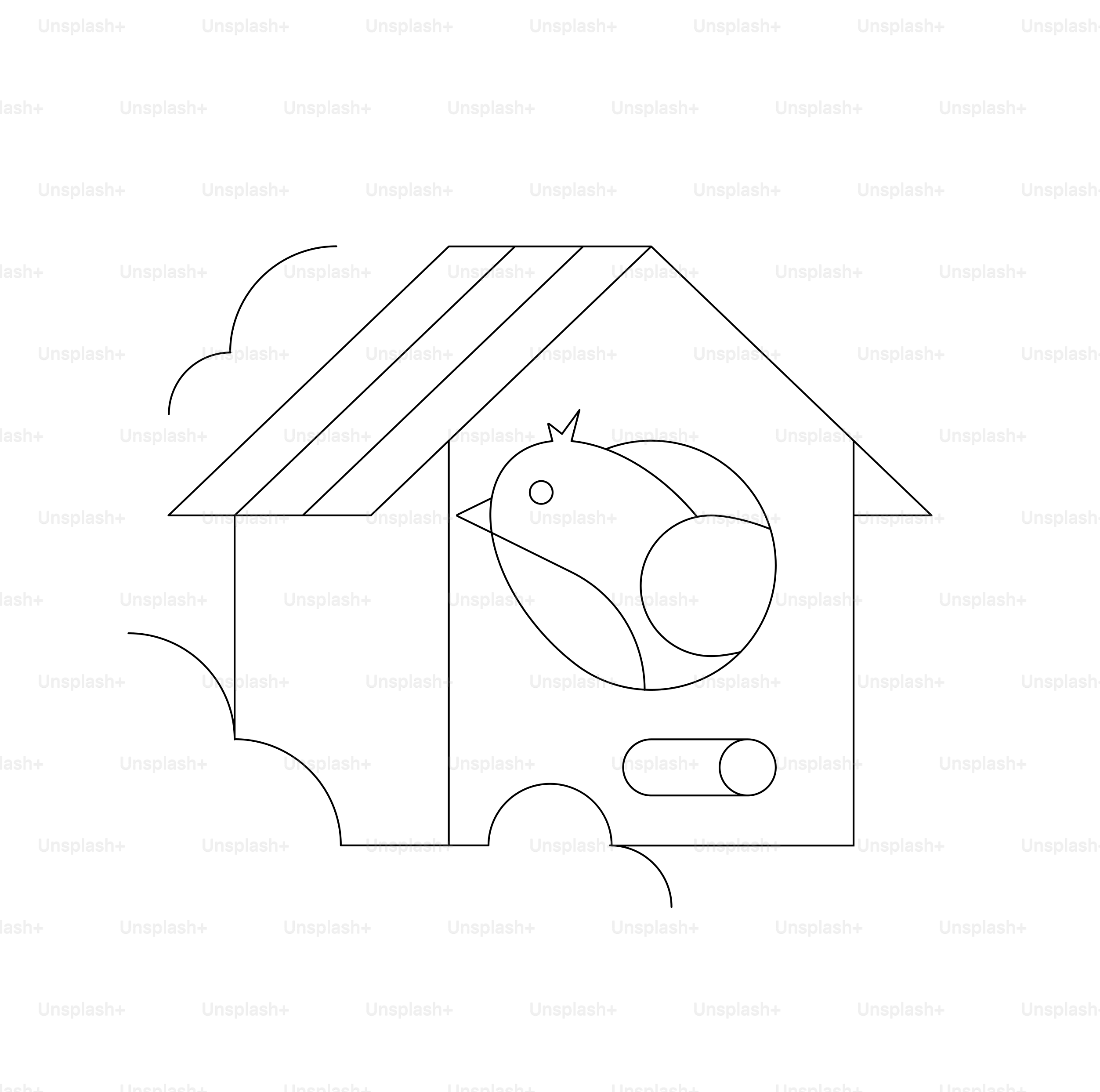 A simple line drawing of a birdhouse with a bird.