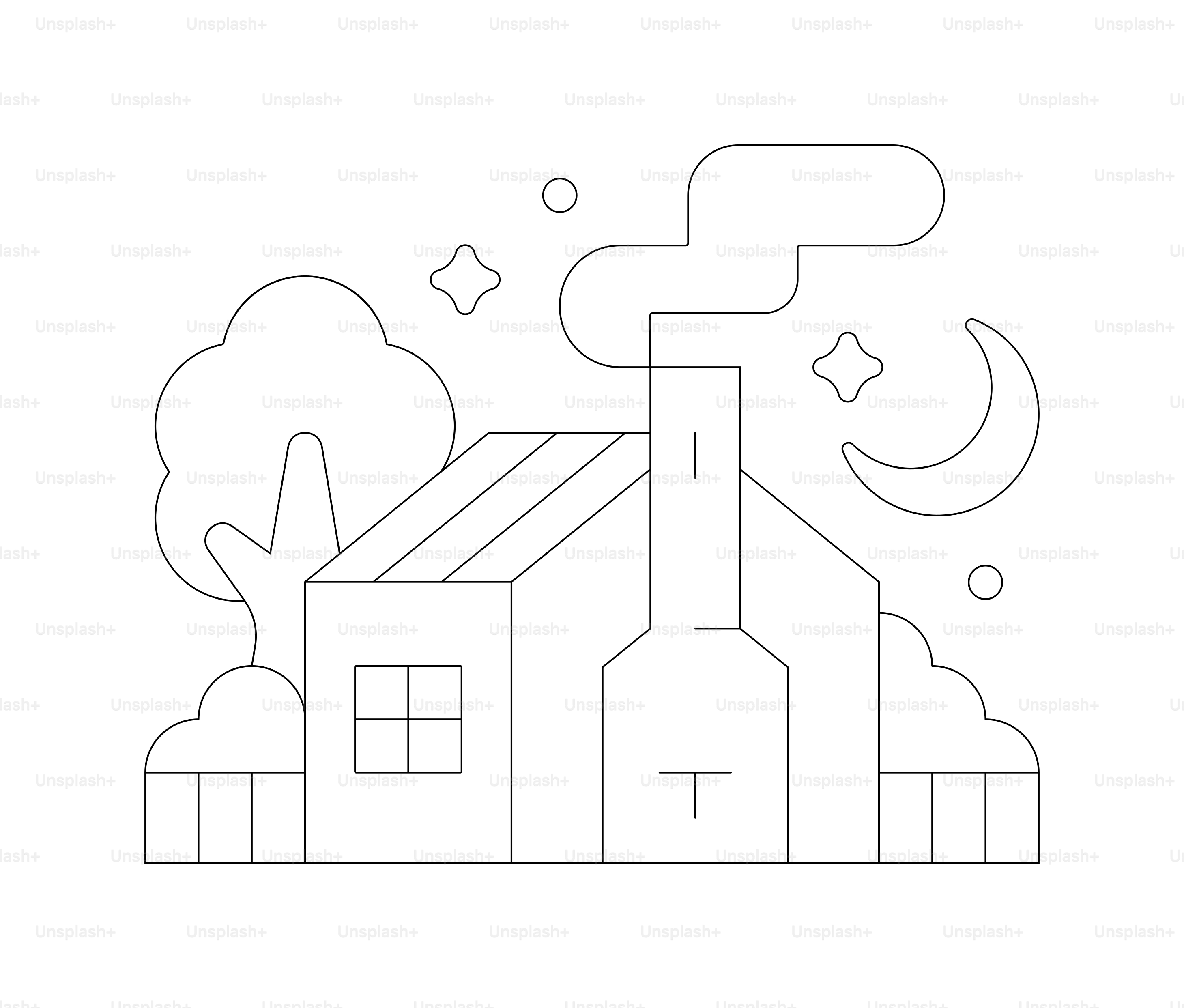 A stylized house with smoke from chimney at night.