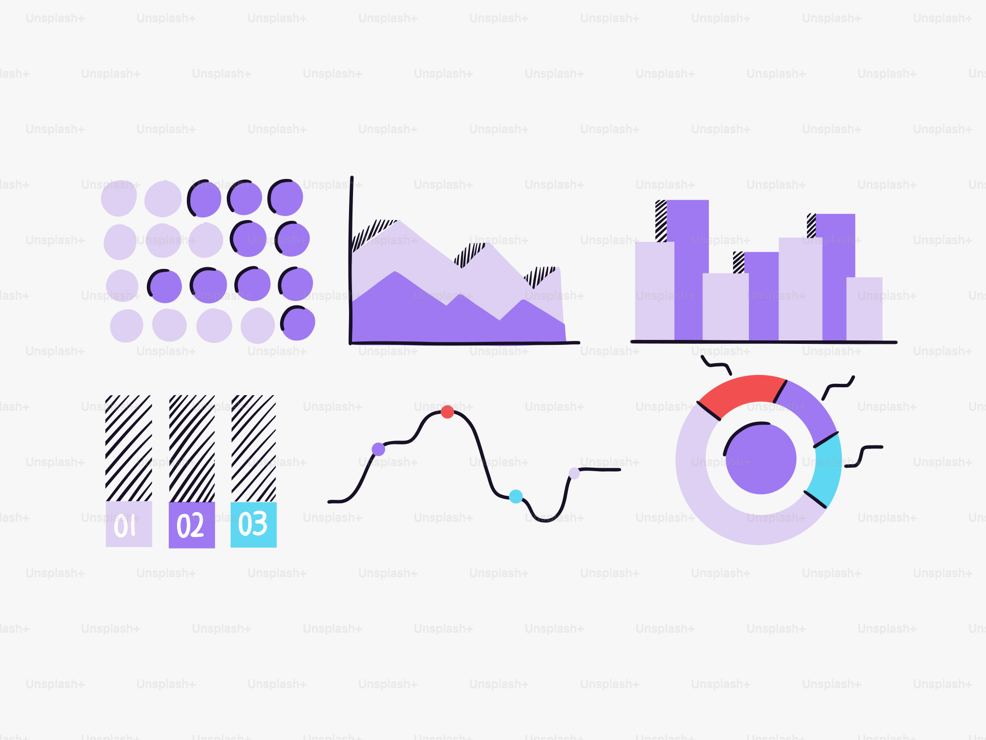 Various colorful data charts and graphs on white background