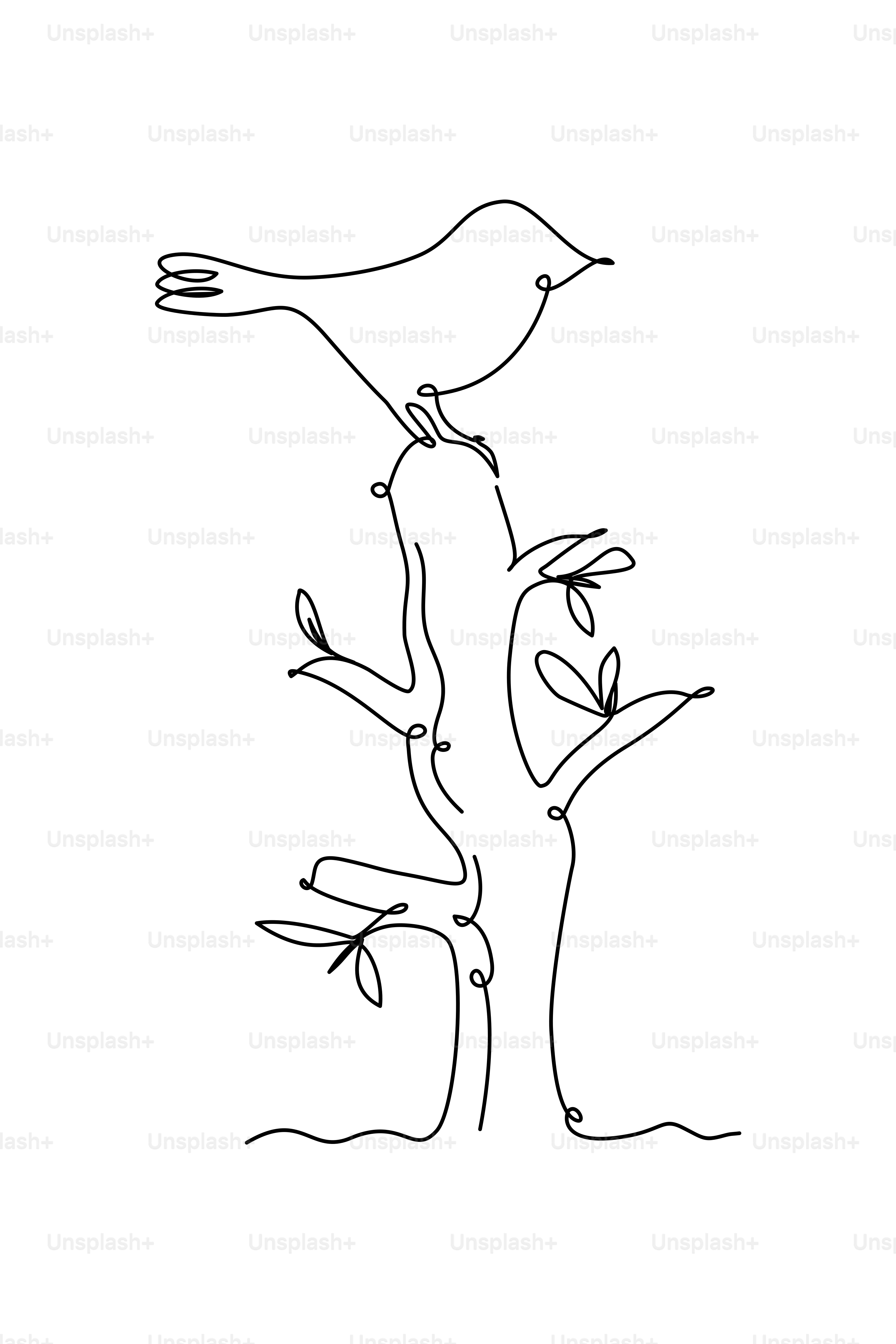 Line art of a bird perched on a tree branch