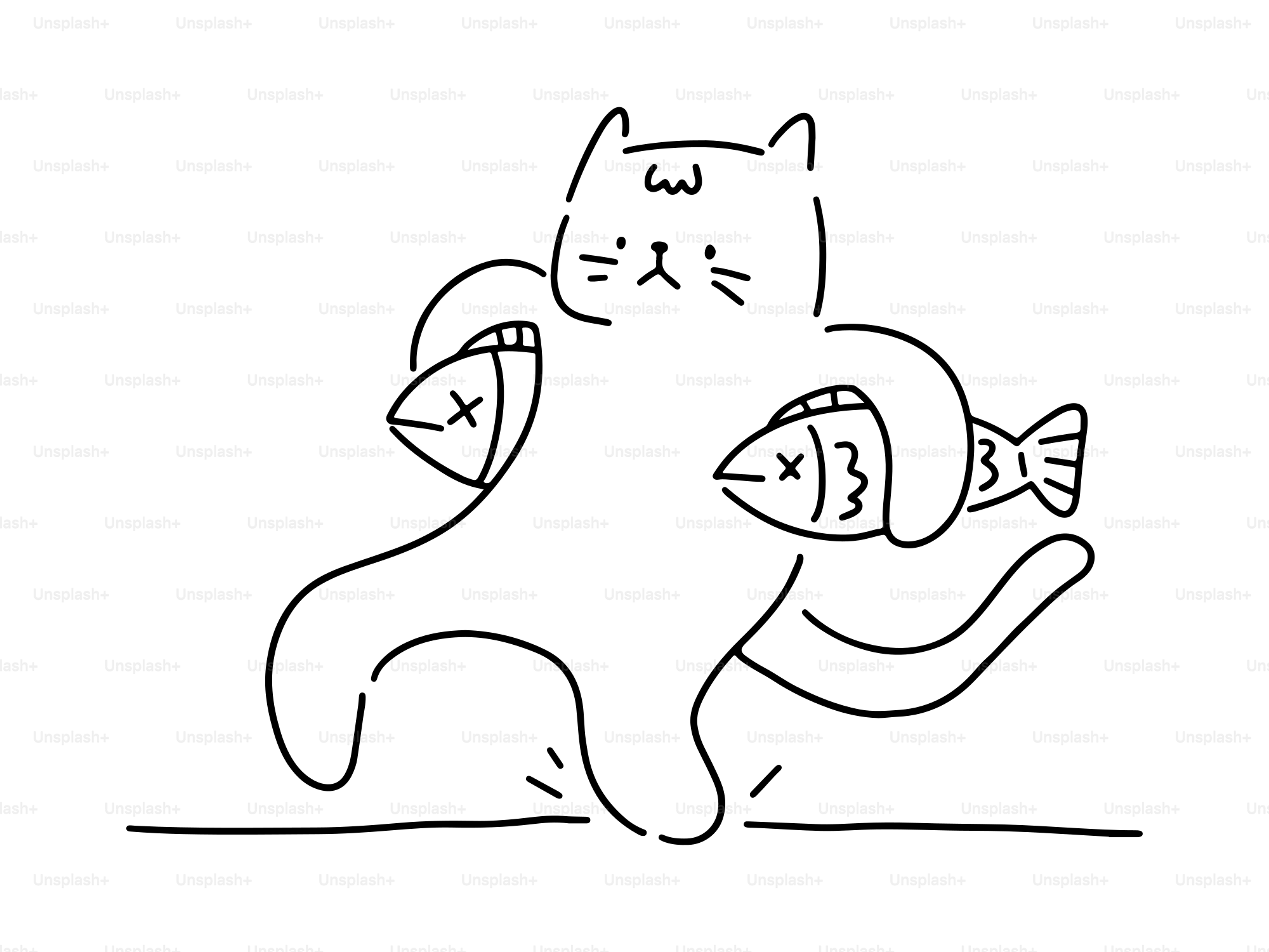 A cat holding two fish toys