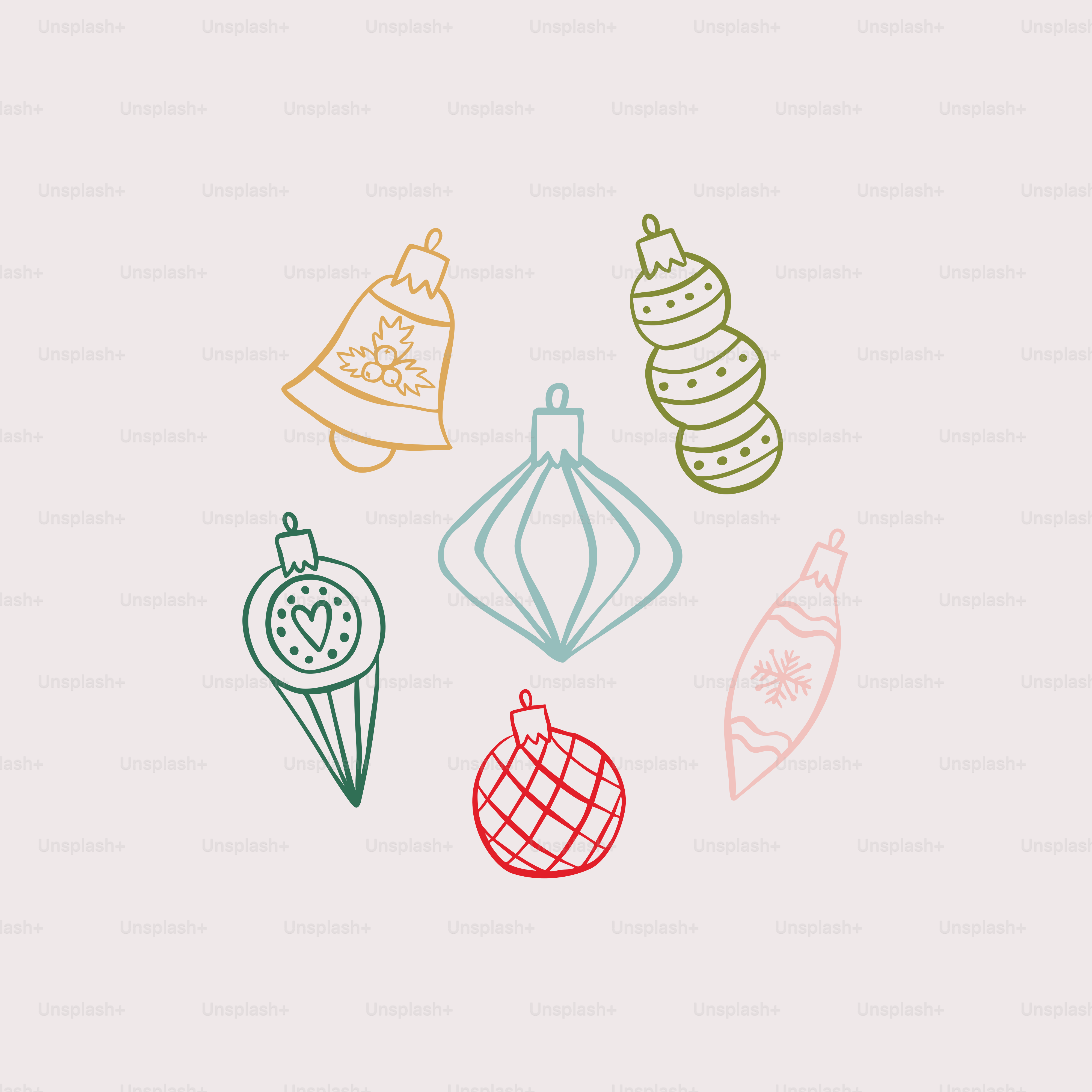 Hand-drawn christmas ornaments arranged in a circle