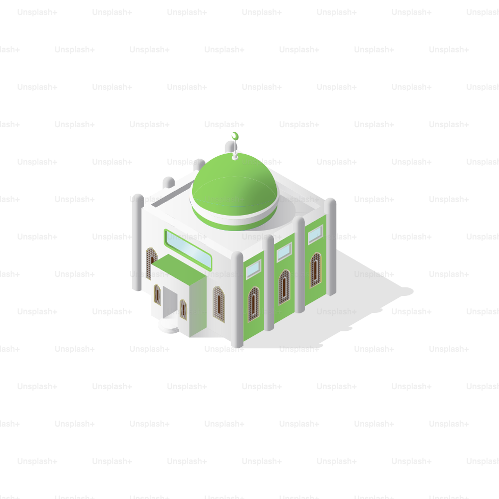 Isometric view of a modern mosque with green dome.