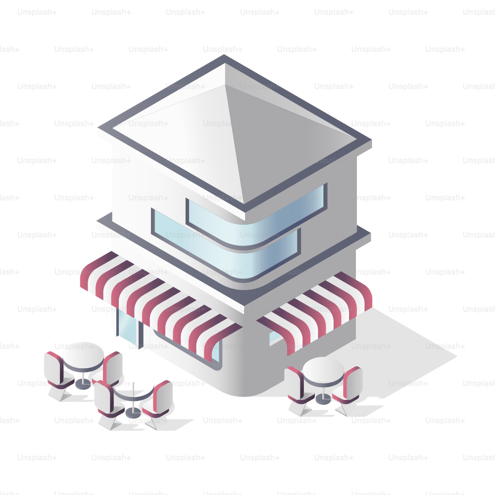 Isometric building with delivery robots outside