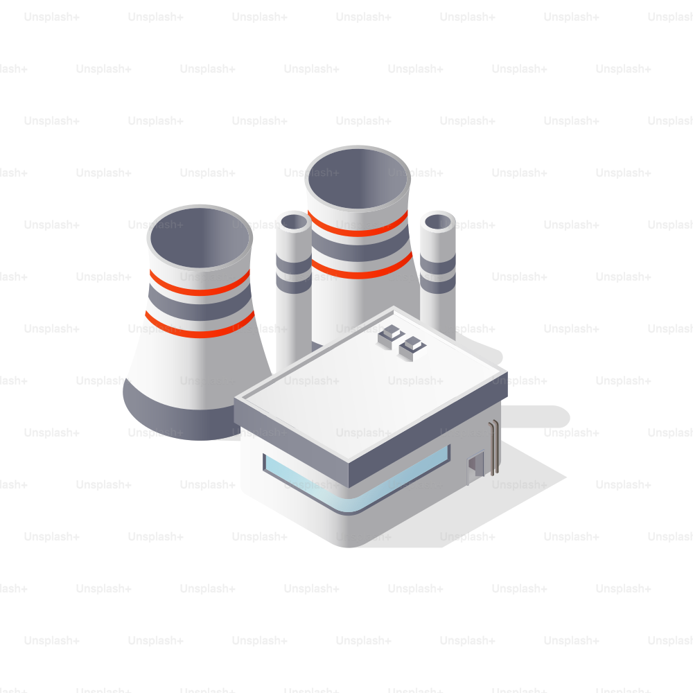 Isometric view of a power plant with cooling towers