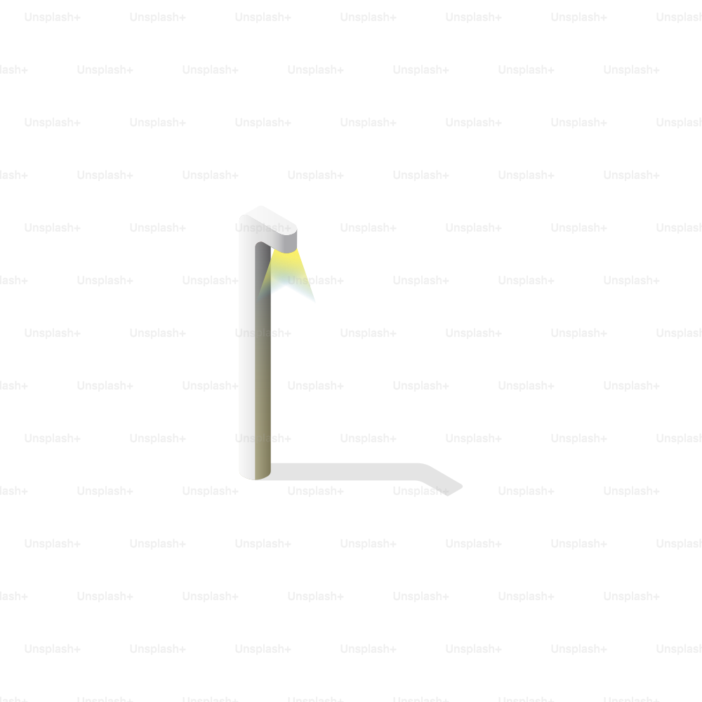 A modern white street lamp with yellow light.