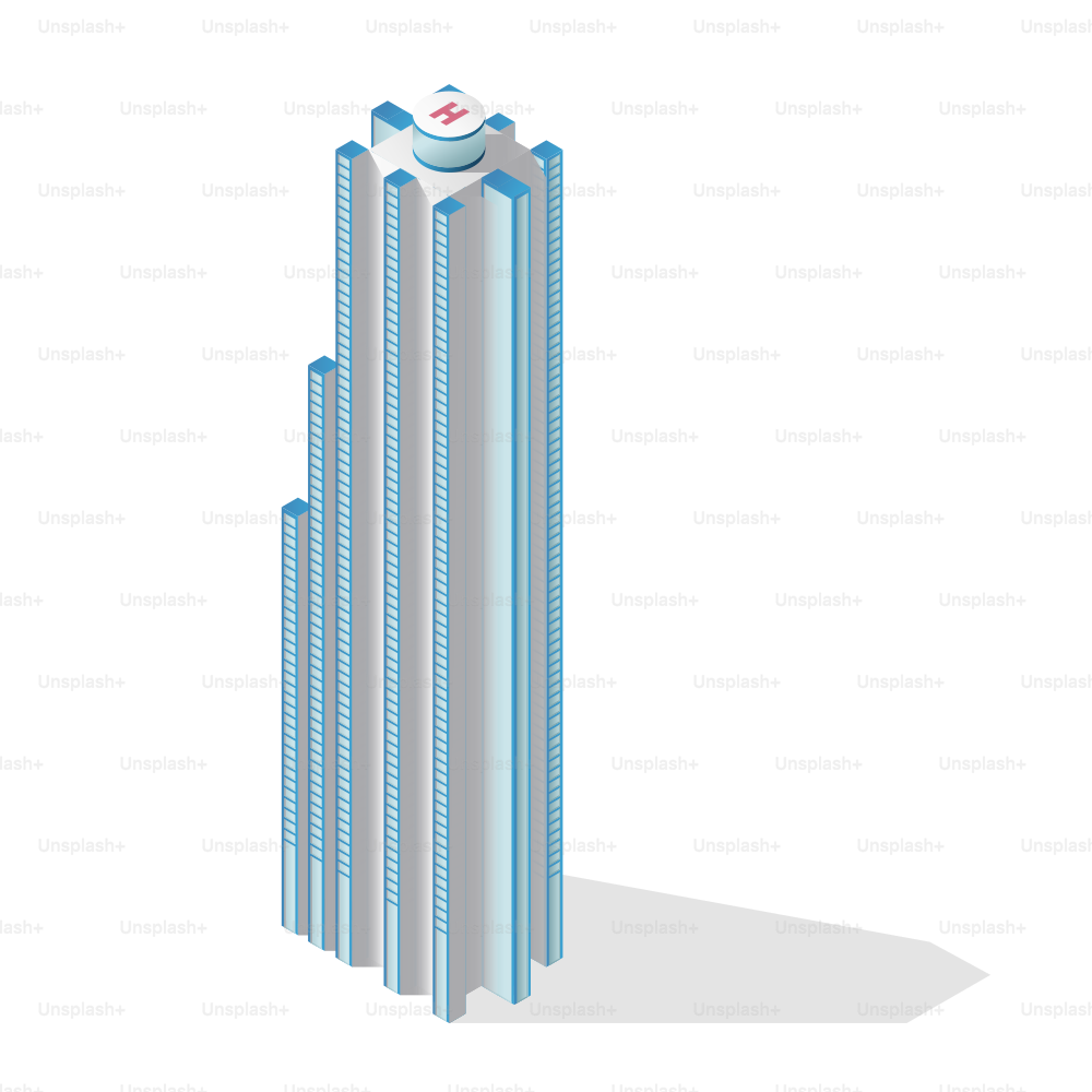 Modern skyscraper with helipad on white background.