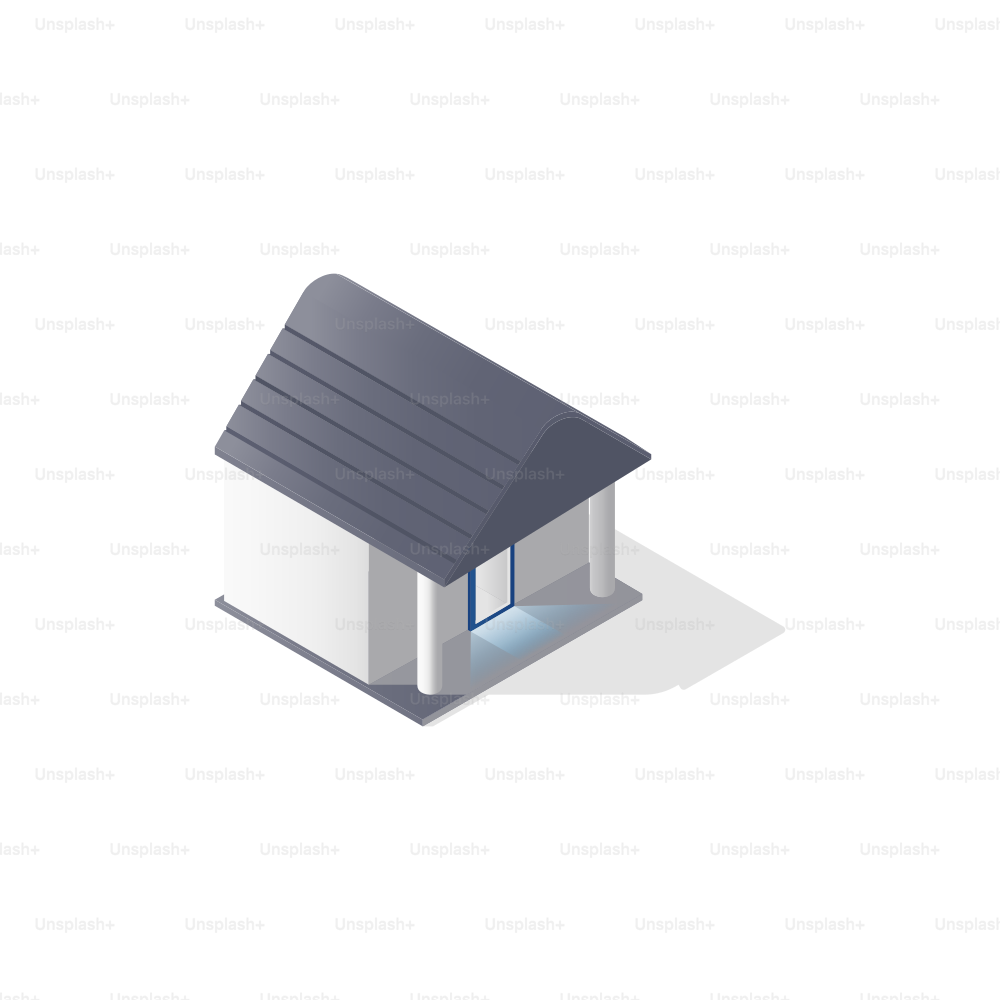 A small white house with a gray roof.