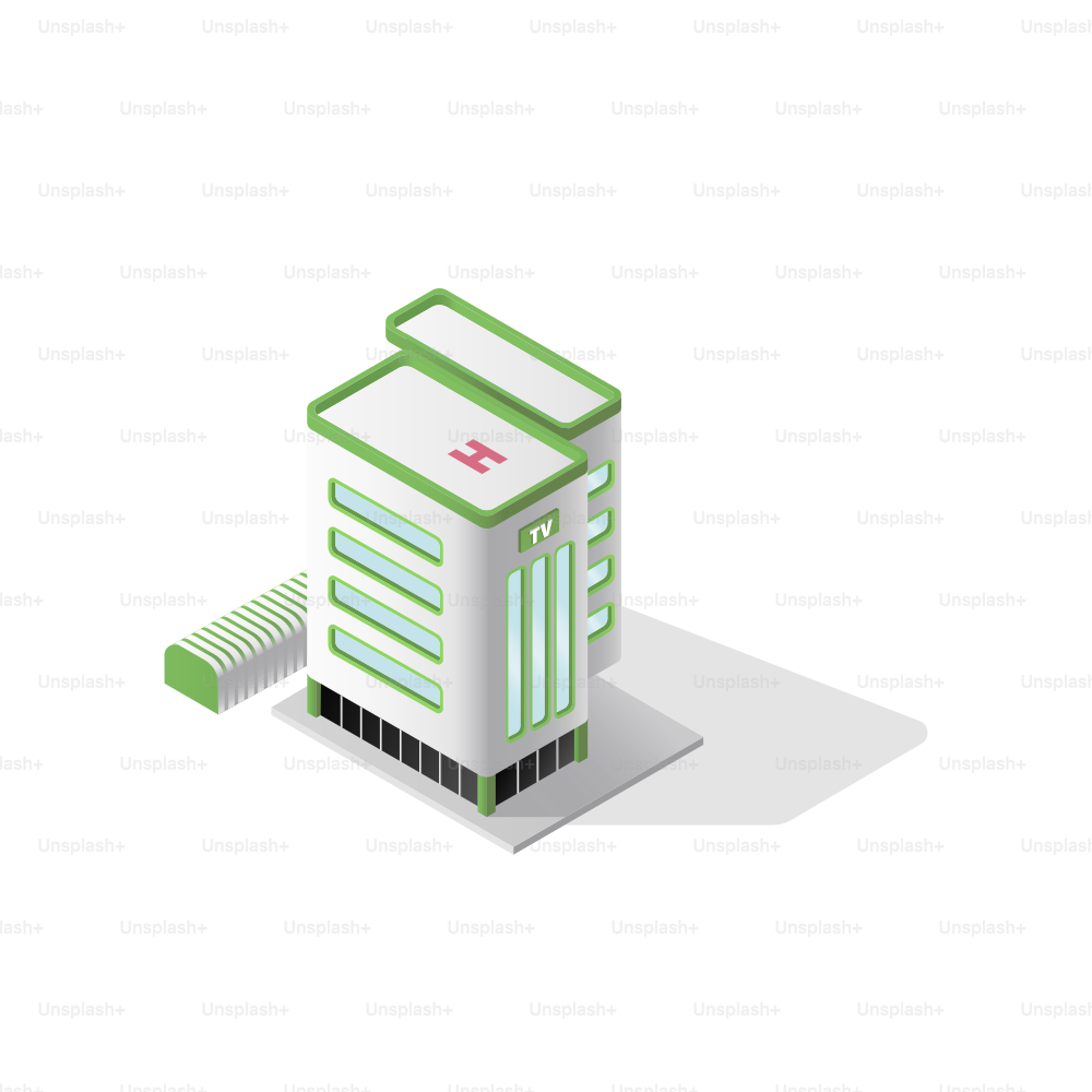 Modern hospital building with green accents on white background.