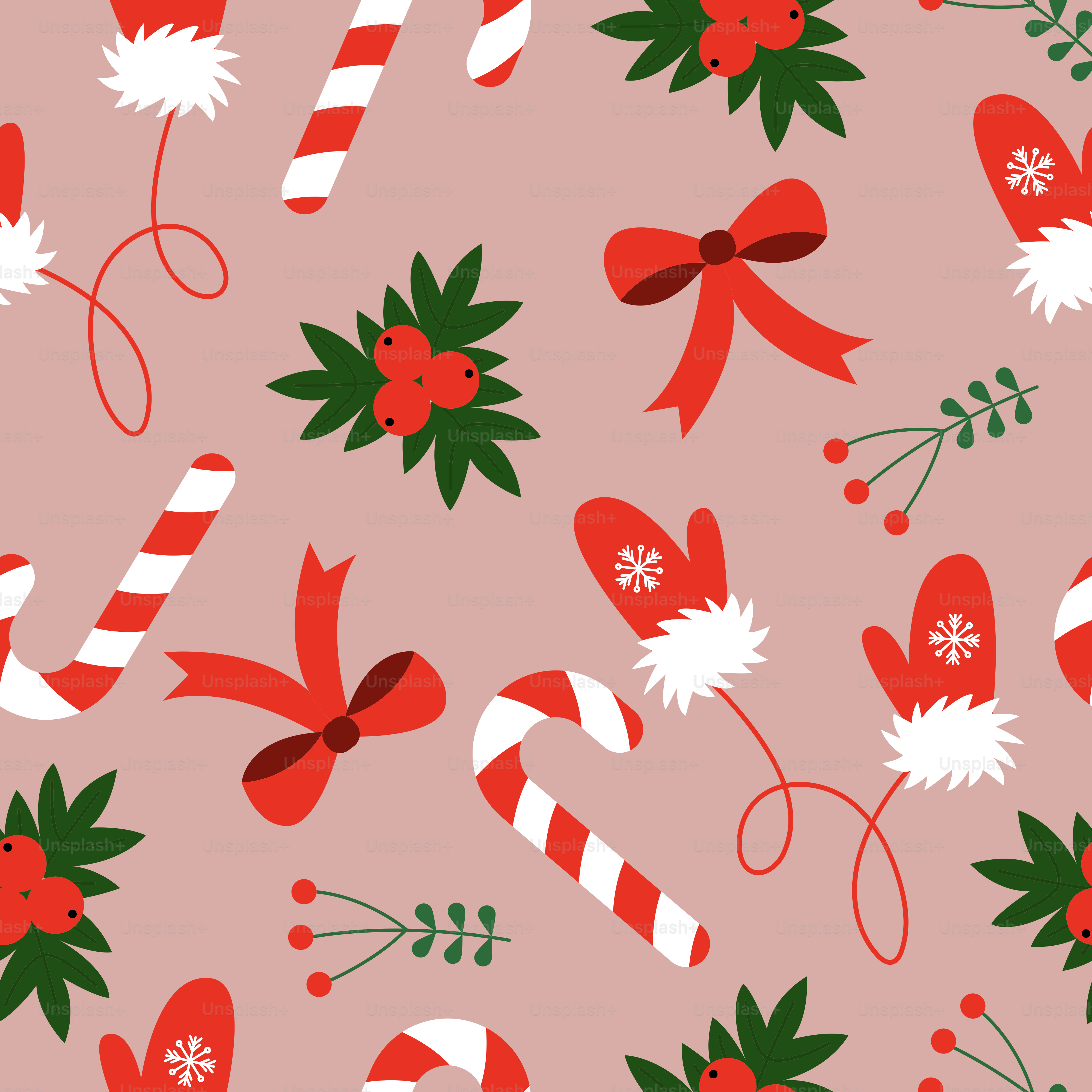 Motif de Noël avec cannes en sucre d’orge, mitaines et nœuds