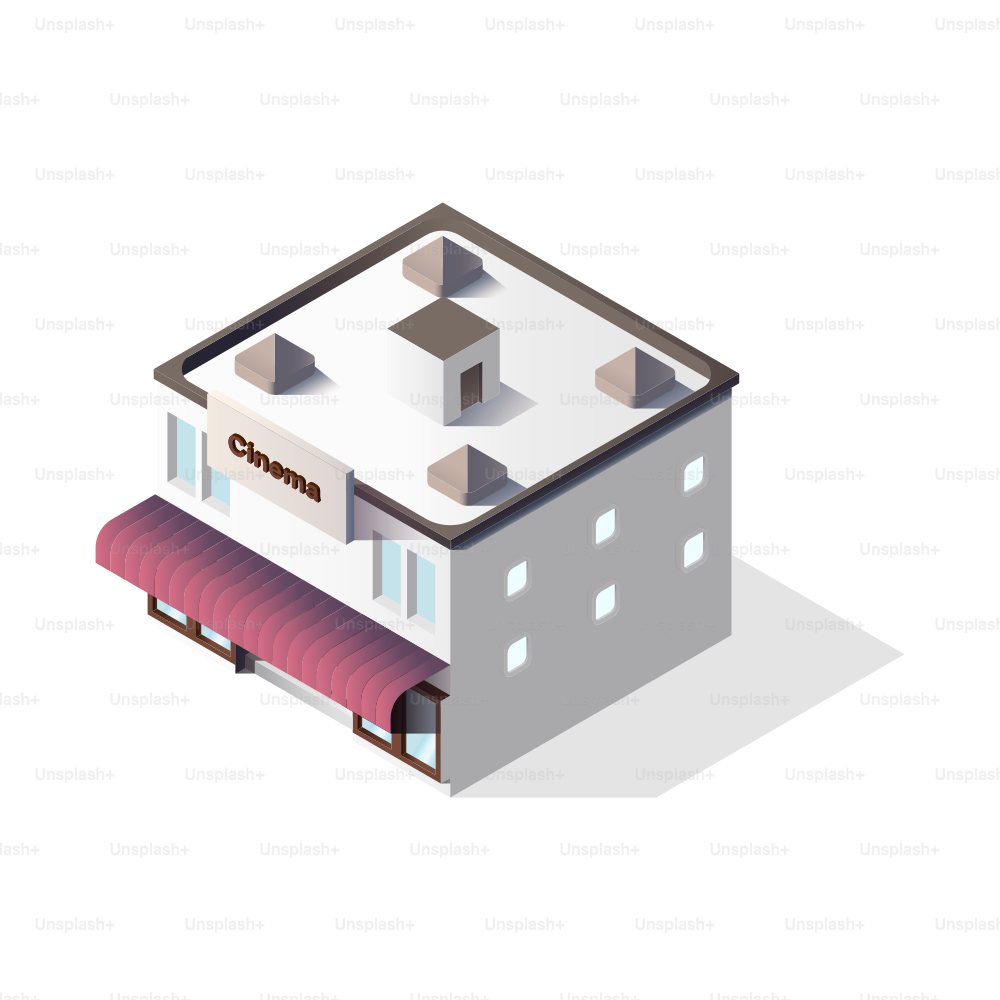 A modern cinema building with a red awning