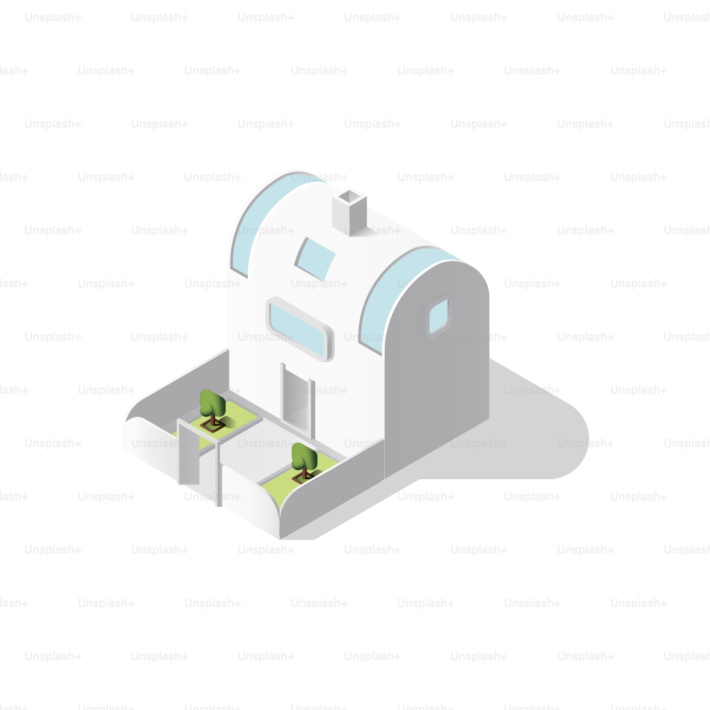 Modernes weißes Haus mit grünen Gartenparzellen.