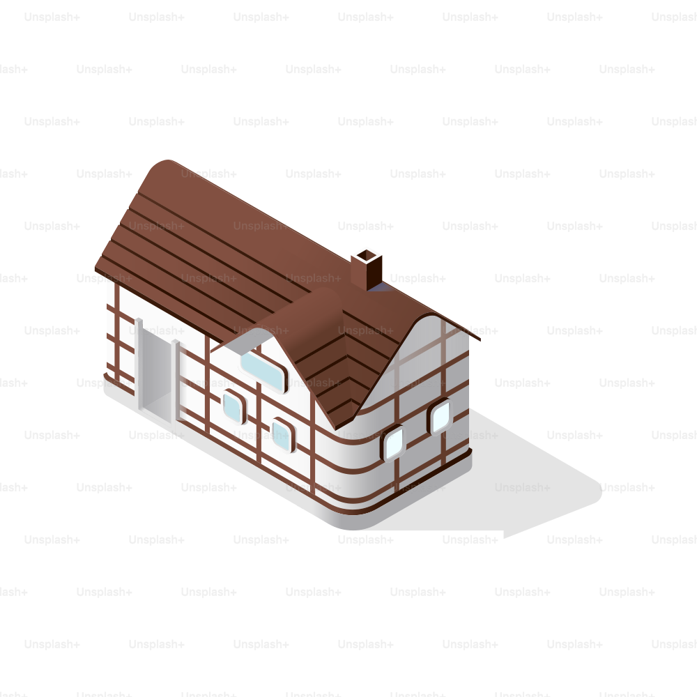 Isometric half-timbered house with a brown roof.