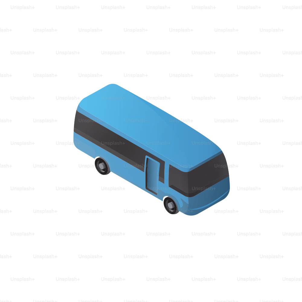 Un autobús azul con ventanas negras sobre fondo blanco.