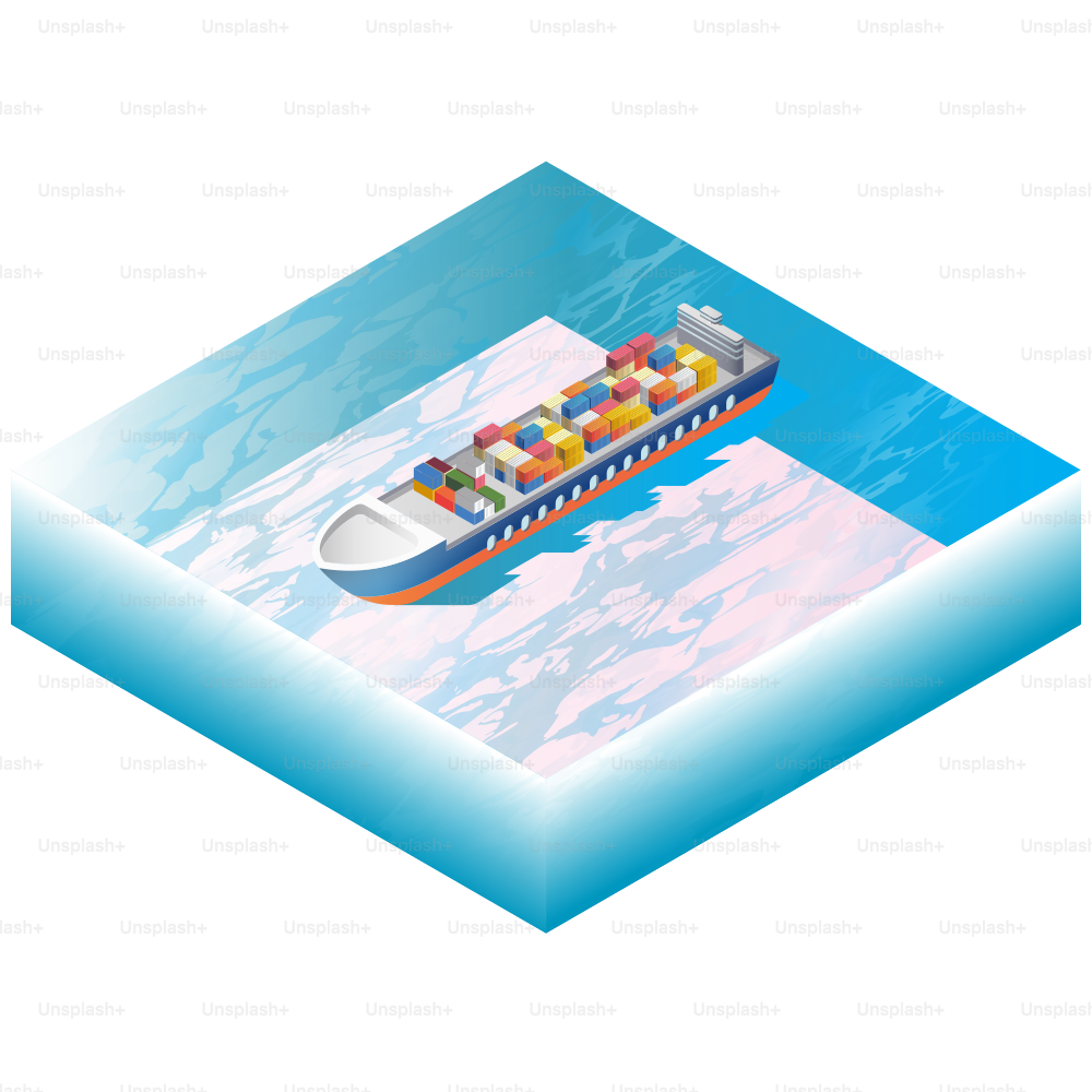 Container ship sailing on a stylized ocean