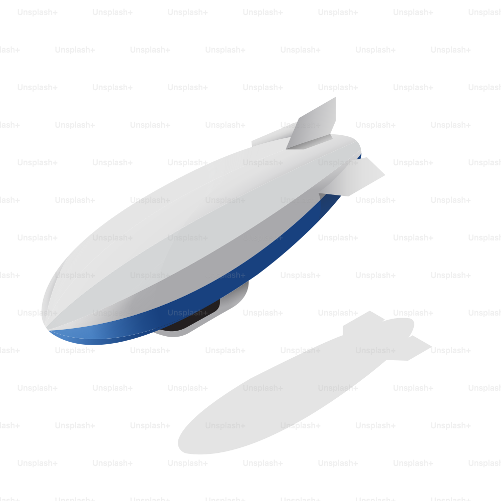 A white and blue blimp with a shadow