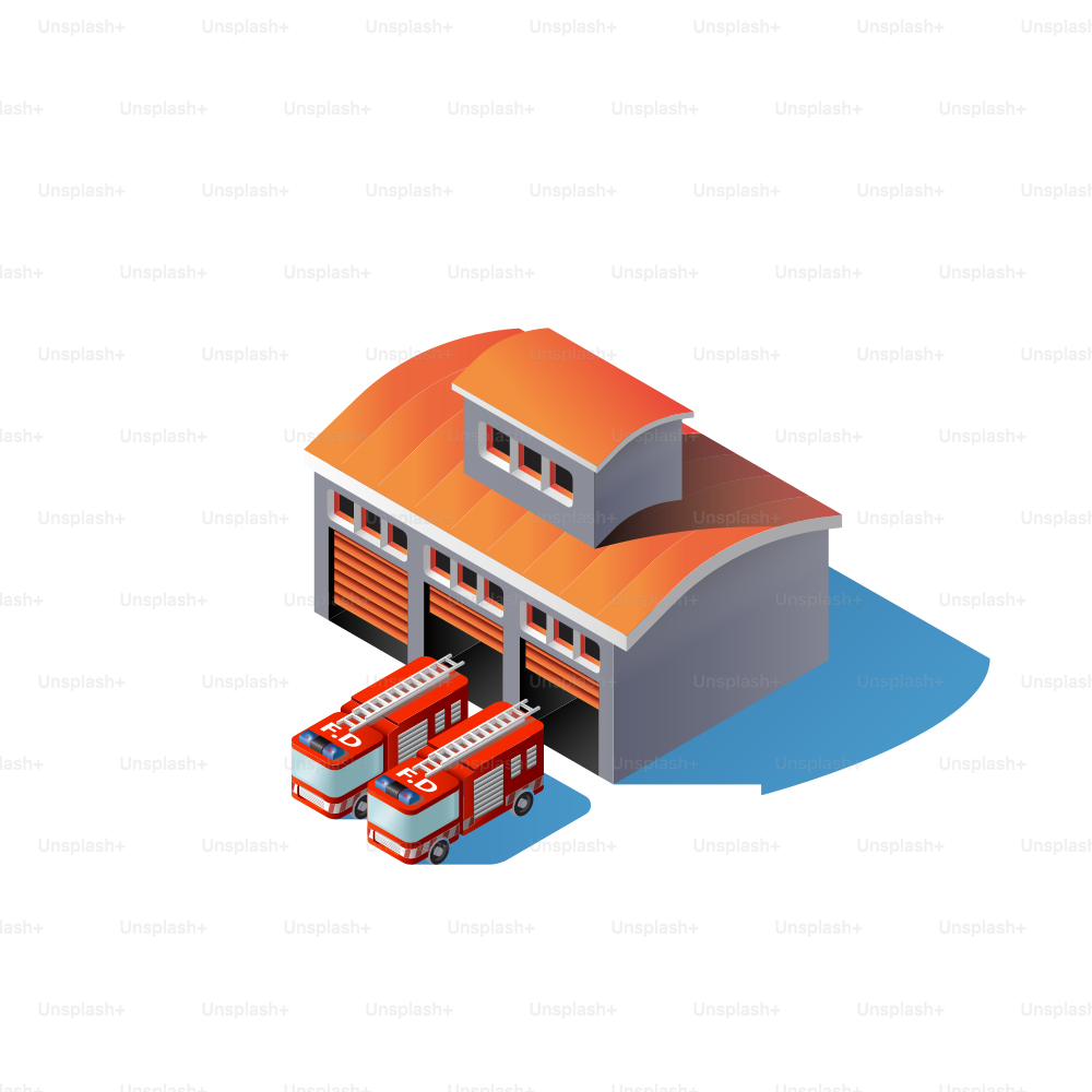 Caserma dei pompieri con due camion rossi all'esterno