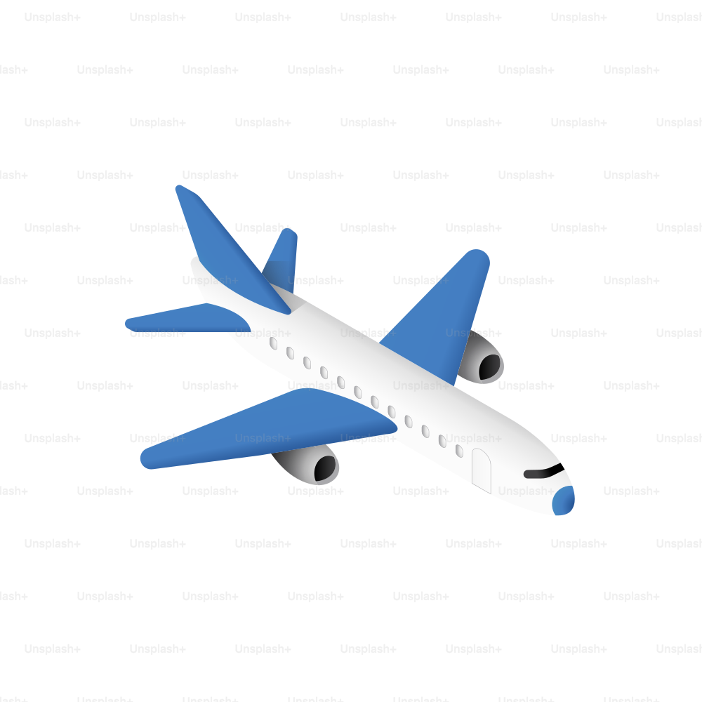 A white and blue airplane on a white background