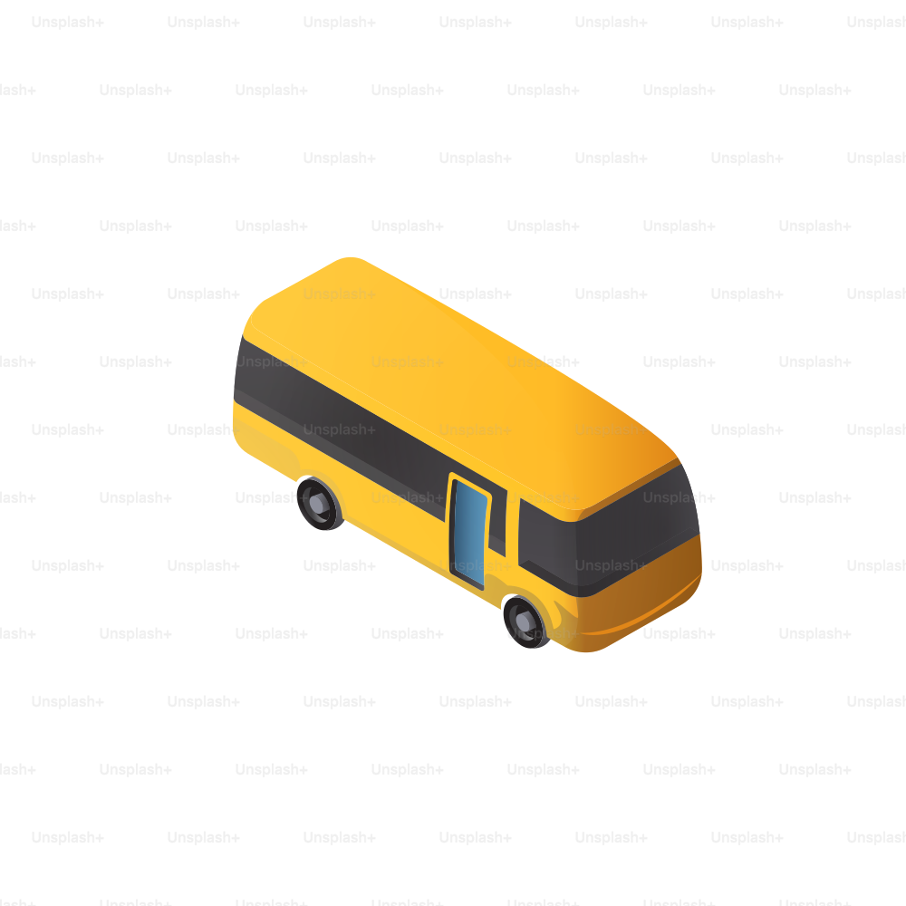 A yellow bus with black windows and a blue door.