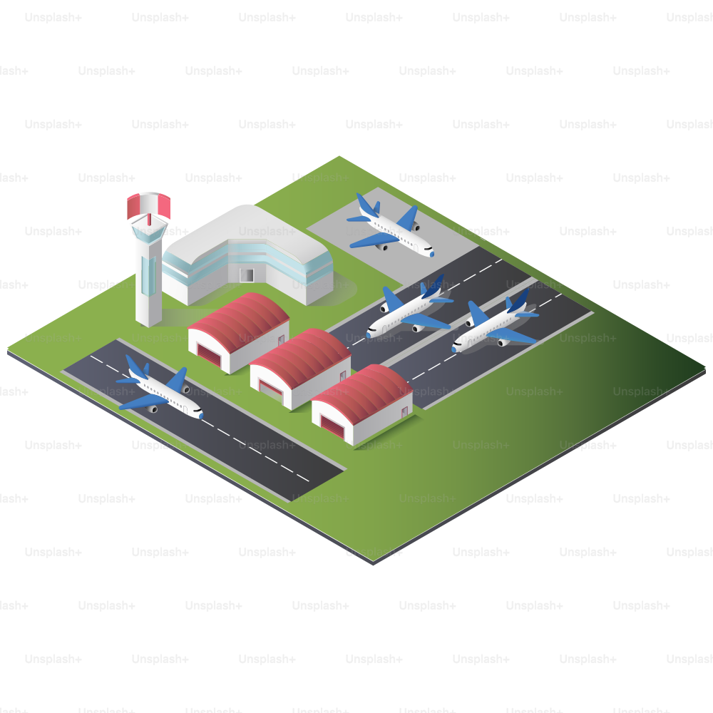 Isometric view of an airport with planes and buildings.