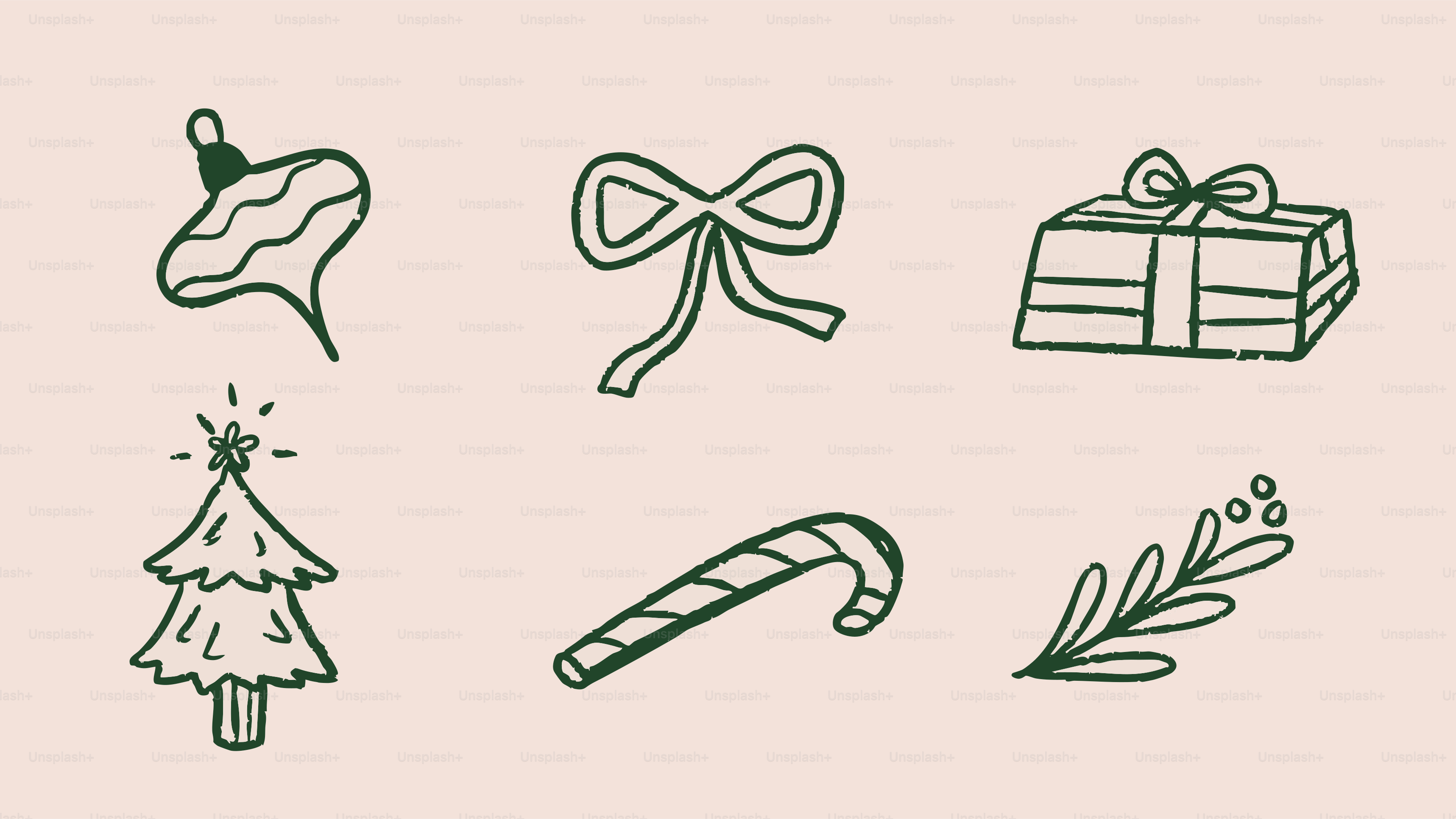 Christmas ornaments, gift, candy cane, and tree doodle.