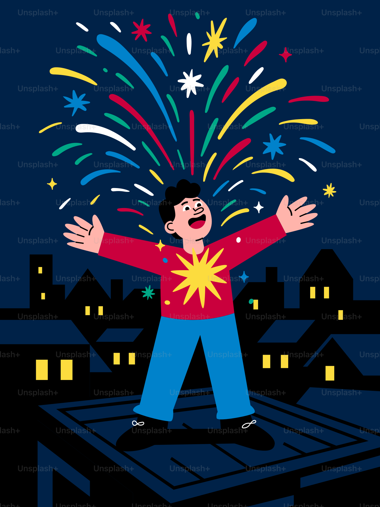 Boy celebrating with colorful fireworks above