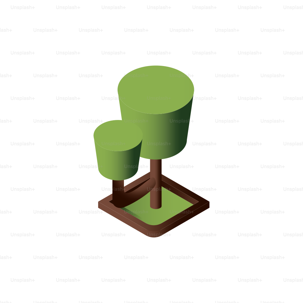 Two green trees on a brown square base