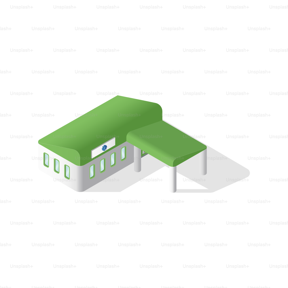 Modern building with green roof and white columns