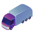 Un camion semisemi viola e blu in vista isometrica.