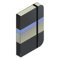 A closed black notebook with a blue stripe.