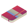 A closed notebook with a colorful geometric design.
